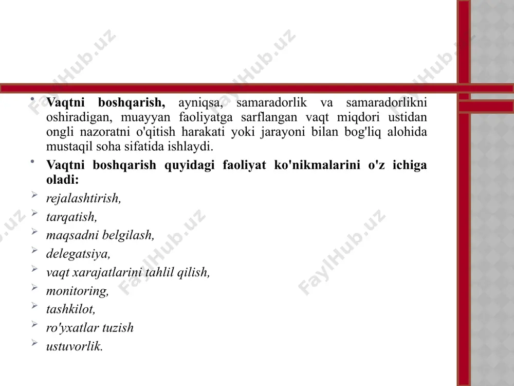 nan 3 soat) - a toifadagi ishlar; rejalashtirilgan vaqtning 20% (taxminan 1 soat) - b toifali holatlar; rejalashtirilgan vaqtning 15% (taxminan 45 daqiqa) - c toifali holatlar; • tegishli tuzatishlar kiritish. vaqt rejangizni a toifasidagi vazifalarni bajarishga qaratganda, siz b va c toifalarining unchalik muhim bo'lmagan vazifalarini bajarishga ularning ahamiyatiga mos keladigan darajada ko'p vaqt ajratishingiz kerak; • b va c toifalaridagi har bir holatni uni qayta tayinlash (delegatsiya qilish) imkoniyati nuqtai nazaridan ko‘rib chiqish. a toifali holatlarni rejalashtirish va aniqlashda quyidagi savollarga javob berish kerak: • qaysi vazifalarni amalga oshirish tufayli asosiy maqsadlarga erishishga yaqinroq bo'ladi; • bitta vazifani bajarish bilan bir vaqtning o'zida bir nechta boshqa vazifalarni hal qilish mumkinmi; • qaysi vazifalar eng katta foyda keltiradi; • qanday vazifalarni bajarmaslik salbiy oqibatlarga olib kelishi mumkin. !haqiqatan ham muhim ishlarni bajarish uchun zarur bo'lgan vaqt ko'pincha shoshilinch, lekin unchalik muhim bo'lmagan narsalarga behuda sarflanadi. shoshilinchligi va ahamiyatiga qarab …