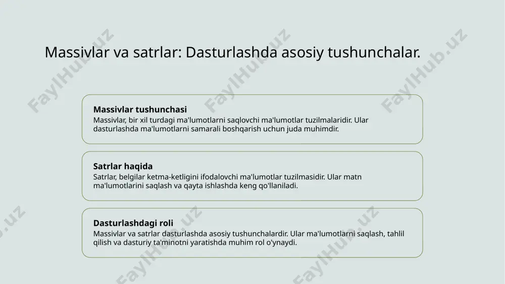 a belgilarni saqlash uchun muhim elementlardir. ular ma'lumotlarni ifodalash va boshqarishda kerakli vositalarni taqdim etadi. 2 satrlar va ma'lumot satrlar ma'lumotlar bazasi va dasturiy ta'minotda foydalanuvchi interfeyslari uchun zarur. ular foydalanuvchi kiritgan ma'lumotlarni qabul qilib, saqlashda muhim rol o'ynaydi. 3 satrlar bilan ishlash dasturlashda satrlar bilan ishlash usullari, masalan, birlashtirish, kesish va qidirish orqali ma'lumotlarni samarali boshqarish imkonini beradi. bu dasturlarni yanada qulay qiladi. satrlar bilan ishlash: usullar va amaliyotlar. 1 satrlarni kesish satrlarni kesish, matnni qismlarga ajratish jarayonidir. bu usul, masalan, muayyan belgidan yoki bo'shliqlardan foydalanib, satrni tahlil qilishda qo'llaniladi. 2 satrlarni birlashtirish satrlarni birlashtirish, bir nechta satrlarni yagona satrga aylantirish jarayonidir. bu, masalan, foydalanuvchi kiritgan ma'lumotlarni birlashtirishda va chiqarishda juda muhimdir. 3 satrlar bilan qidiruv satrlar bilan qidiruv, kerakli ma'lumotni topish uchun satr ichida muayyan belgilarni yoki so'zlarni izlash jarayonidir. bu dasturlashda ma'lumotlarni tezda topish imkonini beradi. dasturiy ta'minotda satrlarning muhimligi va qo'llanilishi. satrlarning roli ma'lumotlarni qayta ishlash …