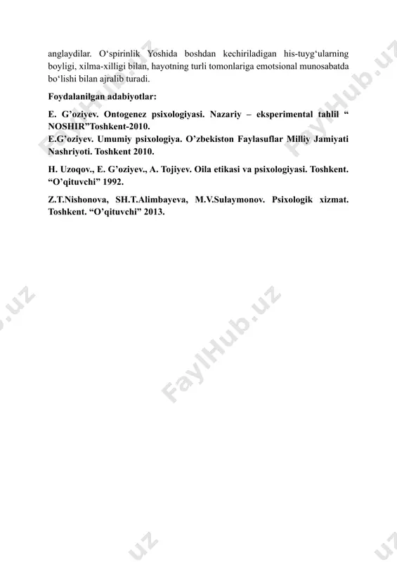 anglay boshlaydilar. hayot faoliyati kengaygan sari, o‘spirinlarda ijtimoiy rollar kengligi faqat miqdor tomondangina kengayib qolmay, balki sifat tomonidan ham o‘zgarib boradi. masalan: 16 yoshda pasport oladi; 18 yoshidan faol saylash huquqiga va oila qurish imkoniyatiga ega bo‘ladi. o‘spirin jinoiy ishlar uchun javobgar bo‘ladi. ba’zi o‘spirinlar bu yoshdan boshlab ishlay boshlaydilar. kasb tanlash haqida o‘ylay boshlaydilar. lekin, shunga qaramay o‘spirinlarda kattalarga qaramlik xususiyatlari saqlanib qoladi. o‘spirinlar (16-18 yoshlar) o‘zlarining psixologik xususiyatlari bilan boshqa yosh davrdagi bolalardan keskin farq qiladilar. jismoniy hamda aqliy jihatdan voyaga etgan, kamolotga erishgan, dunyoqarashi, o‘z-o‘zini boshqarishi kabi yetuk insoniy xususiyatlari tarkib topgan bo‘ladi. ular vazmin, mulohazali bo‘ladilar, katta yoshdagilarga hurmat-ehtirom bilan qaraydilar. ular uzoqni ko‘zlaydigan, kelajak uchun qayg‘uradigan, ota-onalarining yaqin yordamchisiga aylanadilar. o‘quv faoliyati o‘spirinning asosiy faoliyati bo‘lib qolaveradi, o‘qishga nisbatan o‘smirlik yoshiga qaraganda o‘spirinlikda bir muncha yuqoriroq bo‘ladi. mustaqil hayotga tayyorgarligini o‘z-o‘zini anglashi bilan bog‘liq motivlar bu davrda yetakchi o‘rinni egallaydi. motivlar tizimida jamiyatning to‘laqonli a’zosi …