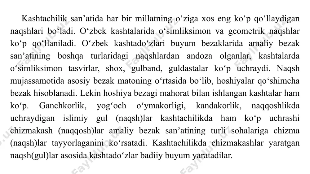 ranglarning kashtadagi qizil, malina va ko‘k ranglar bilan uyg‘unlashishidadir. buxoro kashtalarining kompozistiyasi, tuzilishi va gullarni ham juda xilma-xildir. mato yuziga bir tekis joylashgan ingichka shoxdagi gullar yo’rmado’zi usulida tikilganligi bilan ajralib turadi. samarqand kashtachiligi yorqin va o‘ziga xosligi bilan alohida ahamiyatga ega. buxoro, nurota, shahrisabz kashtachiligi an’analariga yaqin bo‘lishiga qaramay, samarqand kashtachilik maktabi o‘zining badiiy mahobatliligi, ranglarning qat’iyligi va tozaligi, shakllari harakatchanligi bilan alohida ajralib turadi. samarqand kashtalari nurota va buxoro kashtalaridan farq qiladi: ularning guli yirik va uyg‘undir, ko‘pincha, «bosma» chok qo‘llanilgan. samarqand kashtalarining asosiy motivi barglar bilan o‘ralgan doira – turunjdan iborat. samarqand kashtalarida mahobatlilik va ochiq ijod qilish sezilib turadi. buni doira – turunjlarining aniq ritmi, qora – jimjimalarining aniq, erkin soyalari ta’minlaydi. o‘rta osiyoning qadimiy shaharlaridan biri shahrisabz kashtalari ham diqqatga sazovordir. shahrisabz kashtalari shahar muhitining estetik didini aks ettirardi, chunki ular saroy ustaxonalarida ishlagan ustalar va rassomlarning ijodiy ishi mahsuli edi. xalq bezagi an’analari shahar …