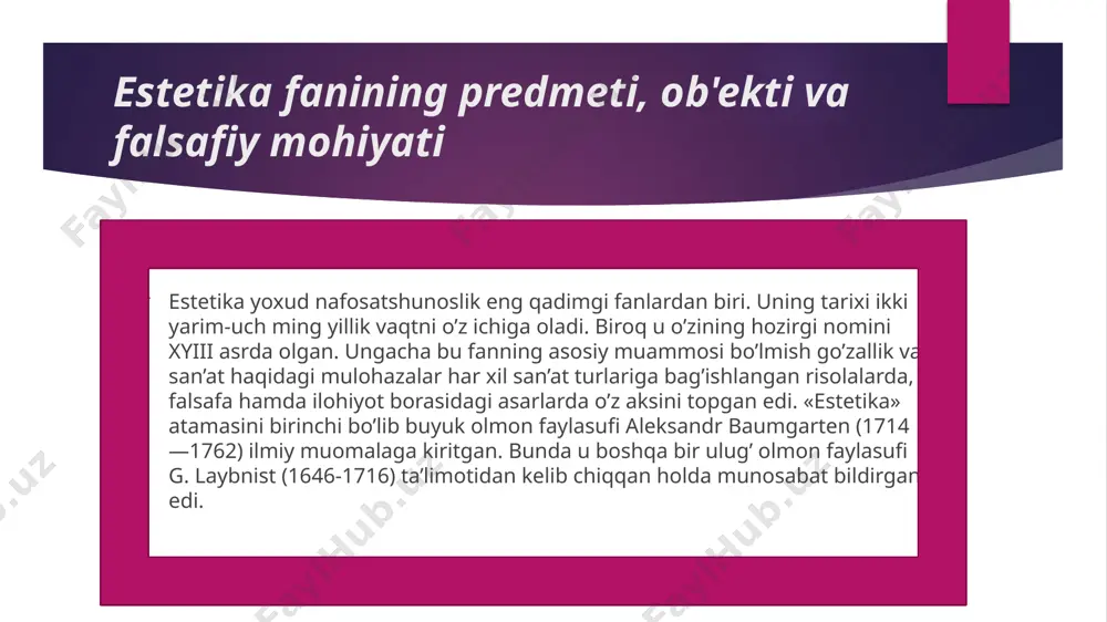 g mohiyatini anglatadigan «san’at falsafasi» va «go’zallik falsafasi» iboralariga to’xtalamiz. nafosatshunoslik tarixida birinchi ibora tarafdorlari ko’pchilikni tashkil etadi. lekin, yuqorida aytib o’tganimizdek, san’at bu fanning yagona tadqiqot ob’ekti emas. hozirgi paytda texnika estetikasi va uning amaliyotdagi sohasi dizayn, atrof-muhitni go’zallashtirish, tabiatdagi nafosat borasidagi muammolar bilan ham shu fan shug’ullanadi. demak, uning qamrovini san’atning o’zi bilangina chegaralab qo’yishga haqqimiz yo’q. estetika – falsafiy fanlardan biri falsafa esa fanlarning podshosidir. darhaqiqat, u fanlar podshosi sifatida barcha tabiiy va ijtimoiy ilmlar erishgan yutuqlarni o’z qamroviga olib, ulardan umumiy xulosalar chiqarib, shular asosida insoniyatni haqiqat tomon etaklaydi. shu bois tafakkurni falsafaning predmeti deb atash maqsadga muvofiq. estetika esa falsafiy fan sifatida barcha san’atshunoslik fanlari erishgan yutuqlardan umumiy xulosalar chiqarib, shu xulosalar asosida insonni go’zallik orqali haqiqatga etishtirishga xizmat qiladi. qadimgi dunyo xalqlarining estetik qarashlari davlatning qanchalik o’z vazifasini adolatli va mukammal bajarishi, shunchalik jamiyat farovonligiga olib keladi. farovon jamiyat esa o’z a’zolarining bo’sh vaqtini …