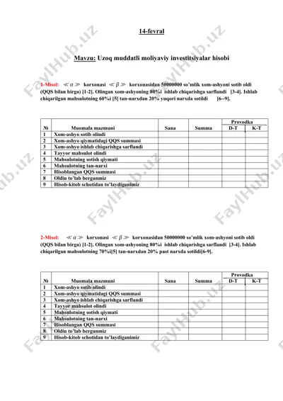 moliyaviy investitsiyalar hisobi — DOCX