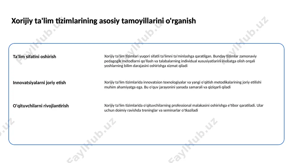 atni qadrlashni o'rgatish estetik tarbiya ahamiyati estetik tarbiya insonni go'zallikni tushunishga va qadrlashga undaydi bu tarbiyaning asosiy maqsadi san'atni turli yo'nalishlariga yondashuvni o'rgatishdir estetik tarbiya orqali san'atni qadrlashni o'rgatish san'atni qadrlash san'atni qadrlash inson ruhiyatini boyitadi har bir san'at asari o'ziga xos fikr va hislarni o'z ichiga oladi estetik tarbiya orqali san'atni qadrlashni o'rgatish estetik ko'nikmalarni rivojlantirish estetik tarbiya orqali san'at asarlarini analiz qilish ko'nikmalarini shakllantirish mumkin bu indivudning fikrini kengaytiradi estetik tarbiya orqali san'atni qadrlashni o'rgatish 4 axloqiy tarbiya va uning yoshlar hayotidagi o'rni axloqiy tarbiyaning mohiyati axloqiy tarbiya inson va jamiyat uchun muhim ahamiyatga ega. u bilan yoshlar o'zlarining hayotiy qadriyatlarini belgilab oladi. axloqiy tarbiya va uning yoshlar hayotidagi o'rni yoshlar va axloqiy qadriyatlar yoshlar axloqiy qadriyatlar asosida hayotiy tajribalarini shakllantiradilar. bu qadriyatlar ularda yaxshi fuqarolar, do'stlar va ota-onalar bo'lishlari uchun zarur. axloqiy tarbiya va uning yoshlar hayotidagi o'rni axloqiy tarbiyaning ijtimoiy roli axloqiy tarbiya ijtimoiy munosabatlar va …