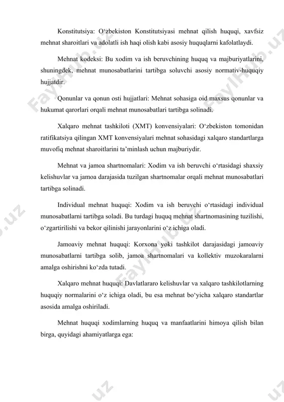 gi xalqaro standartlarga muvofiq mehnat sharoitlarini ta’minlash uchun majburiydir. mehnat va jamoa shartnomalari: xodim va ish beruvchi o‘rtasidagi shaxsiy kelishuvlar va jamoa darajasida tuzilgan shartnomalar orqali mehnat munosabatlari tartibga solinadi. individual mehnat huquqi: xodim va ish beruvchi o‘rtasidagi individual munosabatlarni tartibga soladi. bu turdagi huquq mehnat shartnomasining tuzilishi, o‘zgartirilishi va bekor qilinishi jarayonlarini o‘z ichiga oladi. jamoaviy mehnat huquqi: korxona yoki tashkilot darajasidagi jamoaviy munosabatlarni tartibga solib, jamoa shartnomalari va kollektiv muzokaralarni amalga oshirishni ko‘zda tutadi. xalqaro mehnat huquqi: davlatlararo kelishuvlar va xalqaro tashkilotlarning huquqiy normalarini o‘z ichiga oladi, bu esa mehnat bo‘yicha xalqaro standartlar asosida amalga oshiriladi. mehnat huquqi xodimlarning huquq va manfaatlarini himoya qilish bilan birga, quyidagi ahamiyatlarga ega: xodimlarning huquqlarini himoya qilish: mehnat huquqi ish beruvchining noqonuniy harakatlariga qarshi turish imkoniyatini beradi va xodimlarni adolatli sharoitlar bilan ta’minlaydi. ijtimoiy adolatni ta’minlash: mehnat munosabatlarini tartibga solish orqali mehnat bozorida adolatli sharoitlarni yaratishga yordam beradi. ish unumdorligini oshirish: xodimlar …