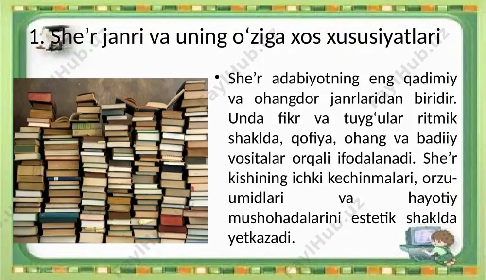 she’r matni tahlili – bu adabiy asarni chuqur anglash, uning mazmuni, badiiy jihatlari va g‘oyaviy yo‘nalishini tushunishga olib boruvchi muhim jarayondir. tahlil orqali nafaqat she’rning qanday yozilgani, balki nima sababdan yozilgani, unda qanday his-tuyg‘ular mujassam ekani aniqlanadi. bu esa o‘quvchida adabiyotga bo‘lgan qiziqishni oshiradi, estetik didni shakllantiradi va shoirning ijodiy mahoratini teran anglashga xizmat qiladi. demak, har bir she’r tahlili orqali biz nafaqat adabiy bilimga ega bo‘lamiz, balki ma’naviy boylik ham orttiramiz. foydalanilgan adabiyotlar g‘ulomov n. – adabiyotshunoslikka kirish, toshkent: o‘zbekiston milliy ensiklopediyasi, 2019. qo‘chqorov o. – she’riyat tahlili asoslari, toshkent: fan va texnologiya, 2020. karimov b. – adabiy tahlil va talqin asoslari, toshkent: yangi asr avlodi, 2021. o‘zbekiston respublikasi umumta’lim maktablari uchun o‘quv dasturi – adabiyot fani bo‘yicha 10–11-sinflar uchun (uzedu.uz). oripov a. – tanlangan asarlar, 1-jild, toshkent: g‘afur g‘ulom nomidagi nmiu, 2017. image2.jpeg image3.jpeg image4.jpeg image1.png /docprops/thumbnail.jpeg