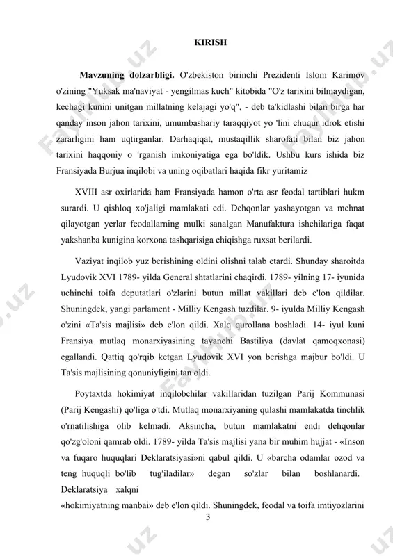 935. yevropadagi inqilob harakatlarning fransiya misolidagi talqinini aks ettiradi. keyingi guruh алексеев и.н. венский конгресс в судьбе народов европы. м.: 1998., васильев н.т. история развития общественного движения в центральной европе.м.:1998, водовозов в. в. революция 1848 года.m.1986 buyuk fransuz burjua inqilobining yakunlari va tarxiy ahamiyati, fransuz burjua inqilobining yakunlari. yakobinchilarning hkimiyat tepasiga kelishi, fransuz burjua inqilobining tarixiy ahamiyatlarini ko’rib chiqadi mavzuning maqsadi va vazifalari. yevropadagi inqilob harakatlarning fransiya misolidagi talqini, fransiyada inqilob arafasidagi ijtimoiy – siyosiy vaziyat, 1848-yil fransiyadagi inqilobning boshlanishi va ijtimoiy-siyosiy jarayonlarga ishchilar munosabati, fransuz burjua inqilobining yakunlari. yakobinchilarning hkimiyat tepasiga kelishi, fransuz burjua inqilobining tarixiy ahamiyatini organish kurs ishining asosiy maqsadi hisoblanadi. yuqorida keltirib oʼtilgan mavzuning maqsadidan kelib chiqqan holda, kurs ishining vazifalfrini quyidagicha belgilash mumkin: · fransiyada inqilob arafasidagi ijtimoiy – siyosiy vaziyatlarni ko’rsatish; · 1848-yil fransiyadagi inqilobning boshlanishi va ijtimoiy-siyosiy jarayonlarga ishchilar munosabatlarini ilmiy jihatdan tahlil qilish; · fransuz burjua inqilobining yakunlari. yakobinchilarning hkimiyat tepasiga kelishi …
