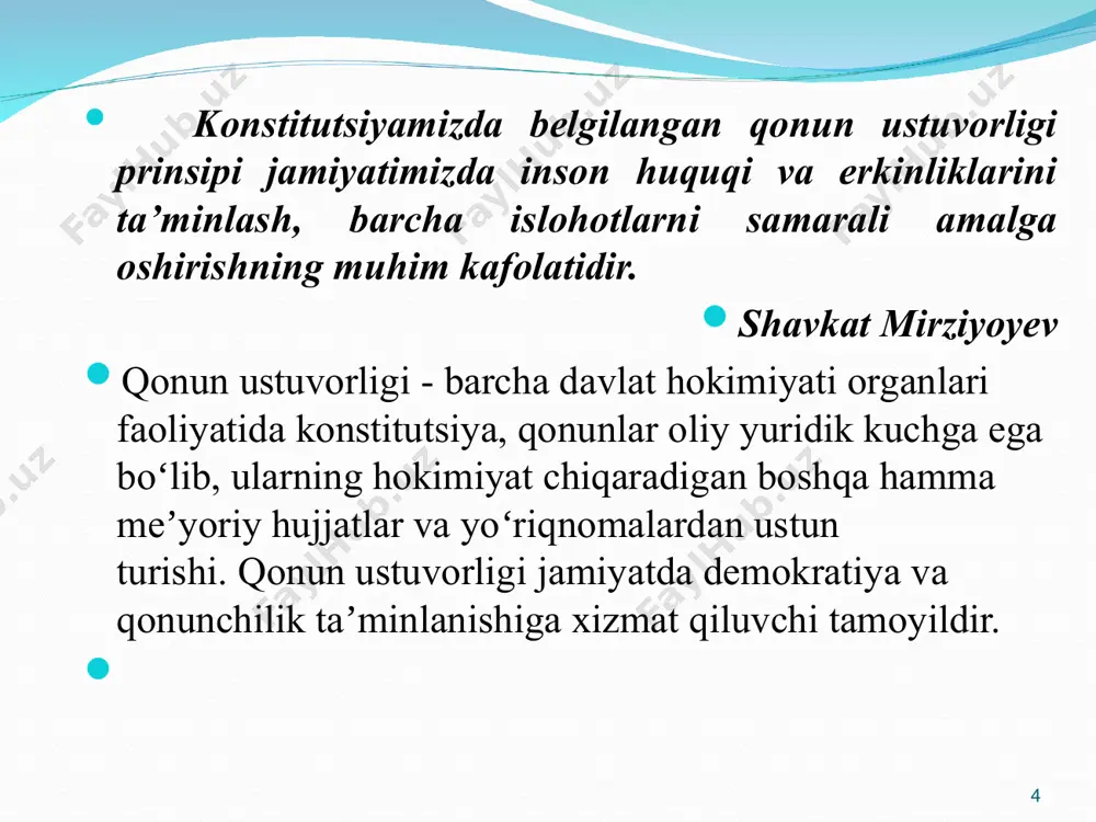 yaratuvchi hokimiyat organi ham itoat etishga majbur. hokimiyatlarning oqilona taqsimlanishi davlat tuzilmalarining samarali ishlashi, suiste'mollarning bartaraf etilishi, inson huquq va erkinliklari amalda ta'minlanishi, umuman, demokratiya va qonun ustuvorligining muhim garovidir. «hokimiyatdagi suiste'mollikka yo'l kuymaslik uchun, hokimiyatni shunday tashkil qilmoq kerakki, ma'lum bir hokimiyat, ikkinchi bir xokimiyatni o'zaro cheklab, ular o'rtasidagi mavjud hokimiyatda muvozanatni saqlab turish kerak»! sh.l. monteske * davlat hokimiyatining taqsimlanish tamoyili, ya'ni davlat hokimiyatining qonun chiqaruvchi, ijro etuvchi va sud hokimiyatiga bo'linishi demokratik huquqiy davlatga xosdir. o'zbekiston respublikasi konstitutsiyasida hokimiyatning taqsimlanishi asosiy qonun darajasida mustahkamlan gan. xususan, konstitutsiyaning 11-moddasida: “o'zbekiston respublikasi davlat hokimiyatining tizimi-hokimiyatning qonun chiqaruvchi,ijro etuvchi,sud hokimiyatiga bo'linishi tamoyiliga asoslanadi”, deb belgilab qo'yilgan. mazkur tamoyil davlat idoralari faoliyatining samarali bo'lishiga shart-sharoit yaratadi, ayni paytda, hokimiyatning suiste'mol qilinishiga chek qo'yadi. hokimiyatning uch asosiy tarmog'i * * qonun ustuvorligini ta'minlovchi asosiy shartlar ikkinchidan, o'zbekiston respublikasi kon-yasi 93-moddasining 1-bandiga muvofiq, o'zbekiston respublikasi prezidenti fuqarolarning huquq va erkinliklariga, o'zb. res.kon-yasi va …