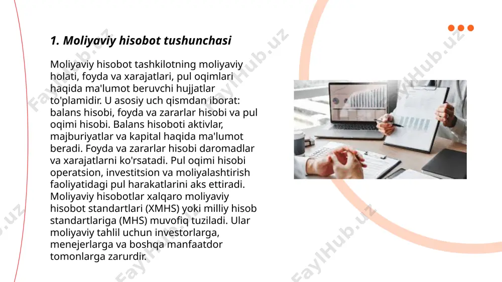 adi. ... t.me/slaydai_bot daromadlar va xarajatlar balansida daromadlar foyda keltiruvchi manbalar hisoblanadi, masalan ish haqi, biznes daromadlari yoki investitsiya foydasi. o'zbekiston soliq tizimiga ko'ra iş haqi daromadlari soliq stavkasi darajasida soliqqa tortiladi. xarajatlar esa kundalik ehtiyojlar va majburiyatlar uchun ketadigan mablag'larni o'z ichiga oladi, masalan oziq-ovqat, uy-joy ijara to'lovlari va transport xarajatlari. xarajatlar daromadlarning 30-50 foizini tashkil qilishi mumkin. yaxshi moliyaviy reja orqali daromadlar va xarajatlar balansining barqarorligini saqlash mumkin, bu esa moliyaviy barqarorlikni taʼminlaydi. ... t.me/slaydai_bot 7. hisobot davri 7. hisobot davri uzbekistonning soliq tizimidagi hisob-kitoblar uchun mo'ljallangan davr bo'lib, u odatda bir yilda to'liq aylanish jarayoni sifatida qaraladi. ushbu davr ichida kompaniyalar va tashkilotlar o'zlarining moliyaviy ko'rsatkichlari va pullik majburiyatlari haqida hisobotlarni taqdim etishadi. hisobot davri mobaynida korxonalar daromad, xarajat va soliq to'lovlarini tahlil qilishlari kerak. odatda hisobot yil oxirida, ya'ni 31-dekabrda tugaydi va korxonalar 1-yanvardan hisob-kitob boshlashadi. bu davr mobaynida davlat byudjeti uchun muhim bo'lgan ma'lumotlar yig'iladi …