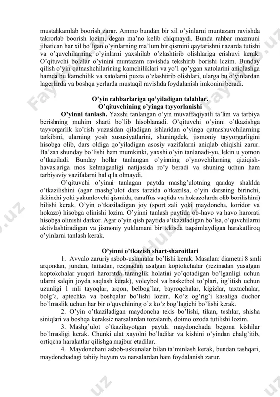 ni gapirib berishda muhim ahamiyatga ega bo’lib, o’yin qatnashchilarining o’z rollarini to’g’ri bajarishlariga yordam beradi. o’yin rahbari o’yin mazmunining yaxshi o’zlashtirilishi uchun og’zaki tushuntirishni ko’rsatish bilan, ya’ni o’yindagi ayrim harakatlarni o’zi bajarib ko’rsatishi bilan mustahkamlanishi lozim. shuni unutmaslik kerakki, o’qituvchi o’yinni tushuntirishida va harakatlarni bajarib ko’rsatishida, ko’rsatma qo’llanmalardan foydalanishida o’yinning konkret vazifalarini nazarda tutishi zarur. masalan, bolalarga yangi o’yin o’rgatish, shu o’yin texnikasining ayrim elementlarini majbriy ravishda qayta ko’rsatish vaqtlarida o’yinning konkret vazifalarini nazarda tutish kerak. o’yinlarni rejalashtirishda ularning mazmuni va ular o’rtasida bir-biriga bog’liqlikni nazarda tutish, muayyan yoshdagi o’quvchilar jismoniy tarbiyasining asosiy vazifalariga asoslanish kerak. masalan, yangi orttirilayotgan bilim va malakalar ilgarigilari bilan bog’lab borilishi, ilgari orttirilgan bilim va malakalar esa yangilari bilan mustahkamlanib borilishi lozim. oldingi mashg’ulotlarda to’pni uzatish, ilib olish, o’ynatib olib yurish va savatga tashlash texnikasining asosiy elemenlari o’rganilgan deylik. mana shu bilim va malakalarni mustahkamlash maqsadida “to’p kapitanga” o’yinini yoki uch variantli “to’p o’yinlari”ni tavsiya …