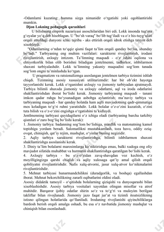 orqali ko'p narsaga erishish mumkinligiga ishondi; rim o'qituvchisi ushbu masala bo'yicha o'rgangan adabiyotlari va o'zining amaliy pedagogik faoliyati asosida maktabgacha yoshdagi bolalarni tarbiyalashga qo'yiladigan talablarni tizimlashtirgan. konfutsiy o‘qituvchi katta miqdordagi bilimga ega bo‘lgan va o‘zini yaxshilashga intiladigan odam bo‘lishi kerak, deb hisoblagan, chunki bu fazilatlar boshqa odamlarni o‘qitish uchun yaxshi asosdir. uning fikricha, o‘qituvchi avval o‘zi yaxshi ta’lim olishi va shundan keyingina boshqalarga dars berishi kerak, shu bilan birga o‘qituvchi o‘quvchilarga o‘z tajribasi bilan ta’sir qilishi kerak, chunki shaxsiy misol orqali tarbiya so‘z bilan tarbiyalashdan ko‘ra ko‘proq harakat qiladi. konfutsiy g‘oyalarining pedagogik mazmuni. xitoy qadimgi sivilizatsiyalar qatoriga kiradi, bu erda falsafiy fikrning tubida ta’lim va ta’limni nazariy jihatdan tushunishga birinchi urinishlar qilingan. asosiy falsafiy maktablar xitoyda shakllangan, ular moizm, legistlar (qonunchilar) maktabi va konfutsiylikni o‘z ichiga olgan. pedagogik fikrning rivojlanishiga eng katta ta’sir konfutsiy va uning izdoshlari tomonidan berilgan konfutsiy o‘z maktabini yaratdi, u erda afsonaga ko‘ra 3 minggacha o‘quvchi …