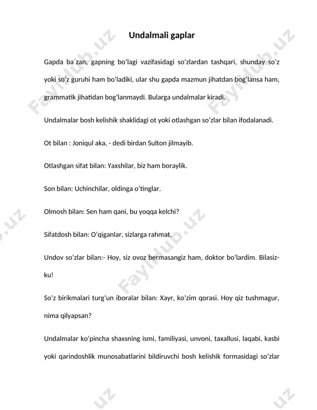 pkali! ey, mashina! tipidagi undalmalar ham ogʻzaki nutqda uchraydi. undalmalar tarkibiga koʻra 3 ga boʻlinadi: 1.yigʻiq undalmalar. 2.yoyiq undalmalar . 3.murakkab undalmalar. yigʻiq undalmalar yolgʻiz bir soʻzdangina tarkib topadi. masalan: ena, choy ichasizmi? (qushlar qishlovdan qaytdi). yoyiq undalmalar oʻziga oid soʻzlar bilan kengayib keladi. yoyiq undalmalar sifat, sifatdosh, ot bilan ifodalanadi: - hurmatli oʻrtoqlar! – deb palagʻda, xuddi keksalarga xos vazmin-shangʻi ovozda boshladi. (qushlar qishlovdan qaytdi). murakkab undalmalar - yolgʻiz undov soʻz bilan yoki undov soʻzlar bilan barobar, aniqlovchi, izohlovchilar bilan birga kelishi mumkin. bu holda kuchli his – tuygʻu ifodalanadi. shukur xolmirzayev asarlarida bu tuzilish kuzatilmadi. undalma, soʻzlovchi nutqi qaratilgan shaxs, jonli va jonsiz predmetni ifodalashiga koʻra, kuchli stilistik vosita hisoblanadi. “undalma boʻlak tinglovchining diqqatini gapshakl bilan anglatilayotgan fikrga jalb qilish uchun xizmat qiladi”6, soʻzlovchining tinglovchiga qoʻshimcha munosabati mavjud boʻladi, shuningdek, undash bilan bir oʻrinda, ekspressivlik ham ifodalanadi. oʻzbek tilshunosligida a.sayfullayev tomonidan undalmaning lisoniy tarkib va tavsifi maxsus oʻrganilgan7. …