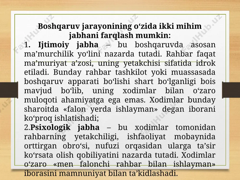 ishlari mumkinligini tushuntiradi. xatti-harakat nazariyalari, liderlikning muvaffaqiyatli bo'lishi uchun liderlarning shaxsiy xususiyatlaridan ko'ra, ularning xodimlar bilan qanday munosabatda bo'lishlarini aniqlash muhimligini ko'rsatadi. blake va mouton liderlik xatti-harakatlarini "ishga e'tibor" va "odamlarga e'tibor" deb nomlangan ikkita o'lchamda tasvirladilar. ular ushbu ikki o'lchamning kombinatsiyasi orqali 5 asosiy liderlik uslubini belgiladilar: beparvolik uslubi -bu liderlar vaziyatga befarq va xodimlarning motivatsiyasi past bo'ladi. vazifa uslubi - yuqori vazifa, ammo past odamlar e'tiboriga ega. liderlar maqsadlarga erishishga katta e'tibor beradi, lekin xodimlarning ehtiyojlariga kamroq ahamiyat beradi. klub uslubi - yuqori odamlar, ammo past vazifa e'tiboriga ega. liderlar xodimlar bilan yaxshi munosabatlarni rivojlantirishga e'tibor beradi, lekin ish samaradorligini boshqarishda kuchsiz bo'lishi mumkin. 4. o'rtacha uslub - o'rta darajada odamlar va vazifa e'tiboriga ega. bu liderlar balansni saqlashga intiladi, lekin bu uslub doim ham samarali bo'lmasligi mumkin. 5. jamoaviy uslub - yuqori odamlar va yuqori vazifa e'tiboriga ega. bu eng samarali uslub bo'lib, liderlar yuqori ish samaradorligini …