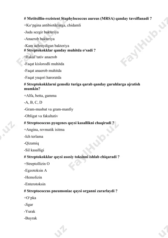 or bilan aloqa qilish # streptokokk infektsiyalarining eng xavfli asoratlaridan biri nima ? +revmatik istma -oshqozon og‘rig‘i -teri qichishishi -bosh aylanishi # pseudomonas aeruginosa qaysi bakteriya oilasiga mansub ? +pseudomonas -escherichia -staphylococcus -streptococcus # pseudomonas aeruginosa qanday nafas oladi ? +ob’ligat aerob -anaerob -fakultativ anaerob -mikroaerofil # pseudomonas aeruginosa ni ajratish uchun qaysi muhit ishlatiladi ? +cetrimidli agar -qon agari -endo muhit -saburo agari # pseudomonas aeruginosa qaysi kasallikni keltirib chiqarmaydi ? +ich terlama -yara infeksiyalari -tsistit -pneumoniya # kasalxonalarda pseudomonas aeruginosa qanday yuqadi ? +kontakt yo‘li bilan -havo-tomchi -fekal-oral -hasharotlar orqali # antibiotiklarga sezuvchanligini aniqlash uchun qaysi usul qo‘llaniladi ? +disk - diffuzzion usul -mantoux testi -optoxin testi -koaguloza testi # сl. novyi qaysi muhitida avval quyqa, so‘ng cho‘kma hosil qilib, muhit tiniq holga aylanadi ? +kitta - tarotsi muhiti -vilson-bler muhiti -endo muhiti -levin muhiti # qaysi anaerob infeksiya harakatchan, 20 ga yaqin xivchini bor, peritrix, grammusbat, tashqi …