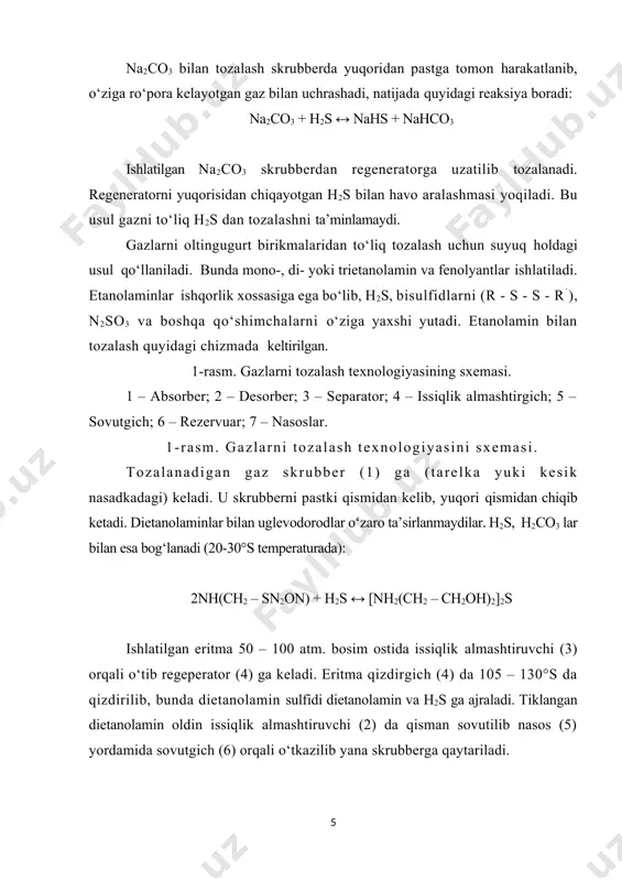 ladi. gazlar tarkibidagi oltingugurt birikmalarini yuqoriga qarab 2- va undan yuqori bosqichli tozalashni amalga oshiriladi. jarayonni kamchiliklaridan biri, gazni katta tezlikda harakati tufayli ko‘pik hosil bo‘lishi ko‘payib (penoobrazovanie) reagentni chiqib ketishi (u bilan) ortadi. gazlarni suyuq yutuvchilar bilan quritish ko‘p tarqalgan usullardan biridir. bunda har qanday bosimdagi gazlarni quritish mumkin. quritish usuli gazlarni h2s dan tozalash texnologiyasi bilan bir vaqtda amalga oshirilmoqda. suyuq yutuvchilar – etilenglikollap yordamida tozalash. etilenglikol o‘zida suvni yaxshi yutadi. bunda 60% etilenglikol, 20%-monoetanolamin, 20% - n2o dan iborat yutuvchi ishlatiladi. gazni namligi va h2s ni mikdoriga qarab, deg va mea lar mikdori yutuvchida o‘zgartiriladi. bu usul t = - 20°s past bo‘lgan sharoit uchun ishlatiladi. s va h2so4 ni gazlardan olinishi. gazlarni tozalashdan chiqadigan h2s dan foydalanib, s va h2so4 olinishi mumkin. s-ni olish uchun bir necha usul qo‘llaniladi. masalan: h2s 260°s da havo aralashmasm bilan reaktorlarda fe katalizatorlaridan o‘tkaziladi. bunda: 2h2s + o2 = 2n2o …