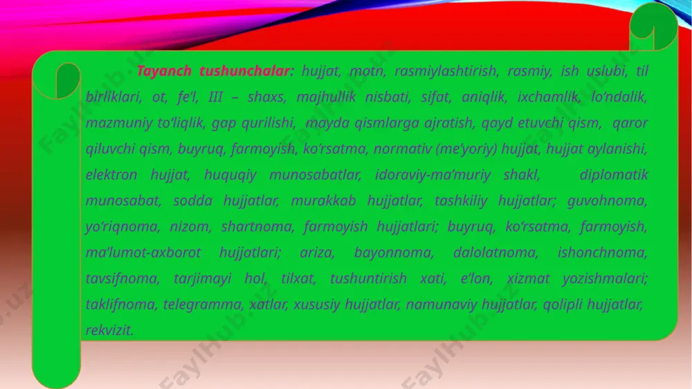 kin: «...ga korxona ma’muriyati qarshi emas»;«...ga korxona kafolat beradi» va h.k. hujjatdagi fikrni aniq, lo‘nda bayon qilishda xat boshi (abzats) ning ahamiyati ham katta. har bir yangi, alohida fikr xat boshi bilan ajratilishi, bir xat boshidan ikkinchi xat boshigacha bo‘lgan matn 4–5 jumladan oshmasligi maqsadga muvofiq. hujjatchilikda imlo va tinish belgilari masalasiga alohida e’tibor qilish kerak. savodli yozilgan hujjatgina o‘z vazifasini mukammal bajarishi mumkin. . hujjatning nomini yozishda bizda har xillik mavjud, xususan, ba’zan kichik harf bilan, ba’zan bosh harf bilan yoziladi. hujjatning nomi bo‘lganligi uchun uni bosh harf bilan yozgan ma’qul, shuningdek, bosma matnda boshqa usul bilan, masalan, mazkur nomni to‘lig‘icha bosh harflar bilan yozish orqali ham ajratib ko‘rsatish mumkin. h u j j a t axborot qayd etilgan hamda uni vaqt va makonda uzatish imkonini beruvchi moddiy obyekt arabcha so‘z bo‘lib “guvohnoma, isbot, dalil” normativ (me’yoriy) hujjat deb faoliyatning har xil turlari yoki ularning natijalariga doir qoidalar, umumiy …