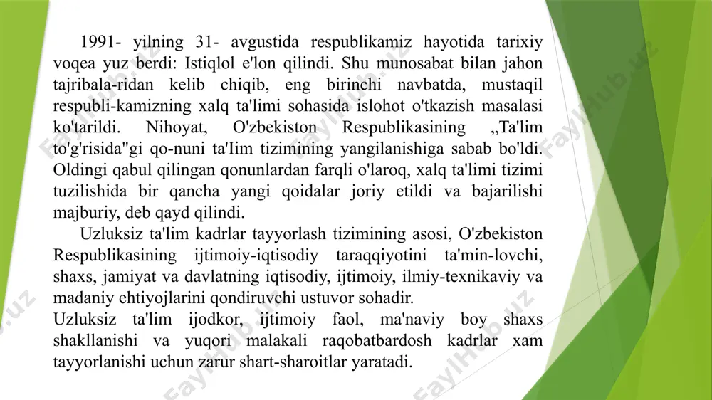 quvcbilarni sevaolishi. mutaxassislik fanini mukammal bilishi,unga qiziqishi. pedagogik taktga (odob va go'zal xulqqa) ega bo'tish. bolalar jamoasiga singib keta olish. o'z mehratiga ijodiy yondashish. javobgarlikni his etish. tarbiyaviy bilimlami egallaganligi. o'qituvchi faoliyatidagi pedagogik qobiliyatning o'ziga xos tizimlari mavjud. qobiliyatlar tizimi quyidagi xususiyatlari bilan farq qilinadi: asosiy xususiyatlar; tayanch xususiyatlar; yetakchi xususiyatlar; yordamchi xususiyatlar. pedagogik qobiliyatlar faqat pedagogik faoliyatning samarali bo'lishini va shart-sharoitini ifodalamasdan, balki ko'p jihatdan muvaffaqiyatli ishlashning natijasi hamdir. pedagogik qobiliyatda o'qituvchining o'zaro fikr almashuvi bilan bog'liq xususiyatlari asosiy rol o'ynaydi. quyidagi pedagogik qobiliyatning asosiy xususiyatlari o'qituvchining yuksak pedagogik-psixologik bilimlari natijasida doimiy shakllanib boradi: kommunikativ qobiliyat: o'qituvchining pedagogik jamoa va ota-onalar, mahalla ahli bilan bo'ladigan o'zaro muloqotida, ularning ruhiy holatlarini tushunish va ularga hamdard bo'lish, muloqotga kirishishida pokko'ngillilik. o'qituvchi bunda psixologik bilimlarga ega bo'lisbi, muomala madaniyatini muntazam o'zida shakllantirib borishi lozim. perseptiv qobiliyat: tashqi olamni va muhitni sezish, idrok etish, ya'ni kuzatuvchanlik muhim rol o'ynaydi. o'qituvchining shijoati natijasida rivojlanadi, …