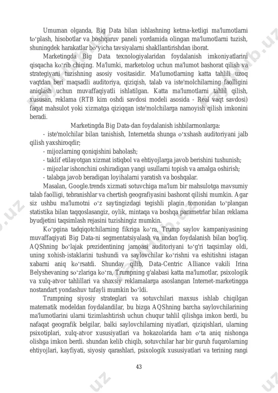 'lumotlar qatoridan faol foydalanishlari mumkin, ular ma'lum bir iste'molchilar segmentiga maksimal darajada yo‘naltirilishi mumkin. - ushbu texnologiya saylovoldi tashviqotlarini tashkil etishda, shu jumladan jamiyatdagi siyosiy imtiyozlarni tahlil qilishda faol qo‘llaniladi. - big data texnologiyalaridan foydalanish daromadlarni kafolatlash (ra) klassi echimlari uchun juda muhimdir, ularda moliyaviy natijalarning pasayishiga olib keladigan ehtimoliy yo‘qotishlarni yoki buzilishlarni o‘z vaqtida aniqlashga imkon beradigan ma'lumotlarni chuqur tahlil qilish kiradi. - telekommunikatsion provayderlar katta ma'lumotlarni, shu jumladan geolokatsiya to‘g'risida ham ma'lumot to‘plashlari mumkin; o‘z navbatida, bu ma'lumot reklama agentliklari uchun maqsadli va mahalliy reklama namoyish qilishda foydalanishi mumkin bo‘lgan tijorat qiziqishlari bo‘lishi mumkin, shuningdek, chakana sotuvchilar va banklar uchun. - katta ma'lumotlar ma'lum bir joyda odamlarning kuchli maqsadli oqimining mavjudligiga asoslanib, savdo nuqtasini ochishda muhim rol o‘ynashi mumkin. shunday qilib, big data texnologiyalarini amaliy qo‘llash marketing sohasida yotadi. internetning rivojlanishi va barcha turdagi aloqa vositalarining tarqalishi tufayli xatti-harakatlar ma'lumotlari (masalan, qo‘ng'iroqlar soni, xarid qilish odatlari va xaridlar) …