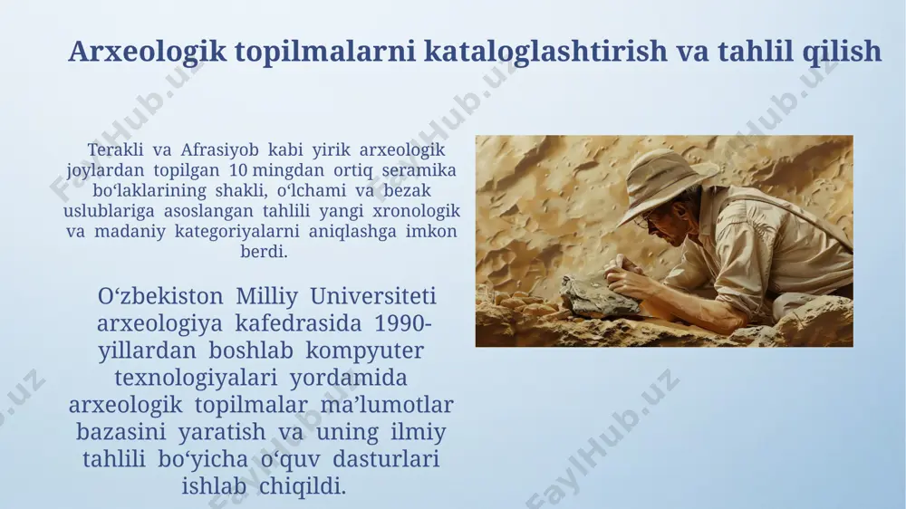 shdi. mustaqillik davrida amalga oshirilgan yirik arxeologik loyihalar buxoro viloyatida joylashgan vaxsh daryosi vodiysidagi arxeologik ekspeditsiyalar davomida 2000 dan ortiq miloddan avvalgi ii-i ming yilliklarga oid turar joy qoldiqlarini o'rganish va 30 dan ortiq qabristonni aniqlash ishlari bajarildi. samarqand viloyatining o'rda qishlog'ida joylashgan afrosiyob shahrining qadimiy qatlami bo'yicha olib borilgan tadqiqotlar natijasida 15-asrga oid noyob kulolchilik buyumlari va 500 dan ortiq tangalar topildi. kadrlar tayyorlash va ilmiy salohiyatni oshirish samarqand davlat universiteti va toshkent davlat madaniyat institutlari kabi oliy oʻquv yurtlarida arxeologiya boʻyicha 200 dan ortiq talaba-magistrlar oʻqidi, ularning bir qismi keyinchalik muhim qazish ishlarida ishtirok etdi. mustaqillik yillarida oʻzbekistonda arxeologiya fanini rivojlantirish uchun 50 dan ortiq yosh mutaxassislarni tayyorlash va 10 dan ziyod xorijiy ilmiy markazlar bilan hamkorlik oʻrnatildi. arxeologik tadqiqotlarning ijtimoiy-iqtisodiy ahamiyati arxeologik qazishmalar natijasida topilgan 5-7-asrlarga oid samarqand yaqinidagi madaniy qatlamlar, o‘rta asrlar shaharsozligi va hunarmandchiligi tarixini o‘rganishda muhim ahamiyatga ega bo‘lib, turizmni rivojlantirishga ham hissa qo‘shadi. …