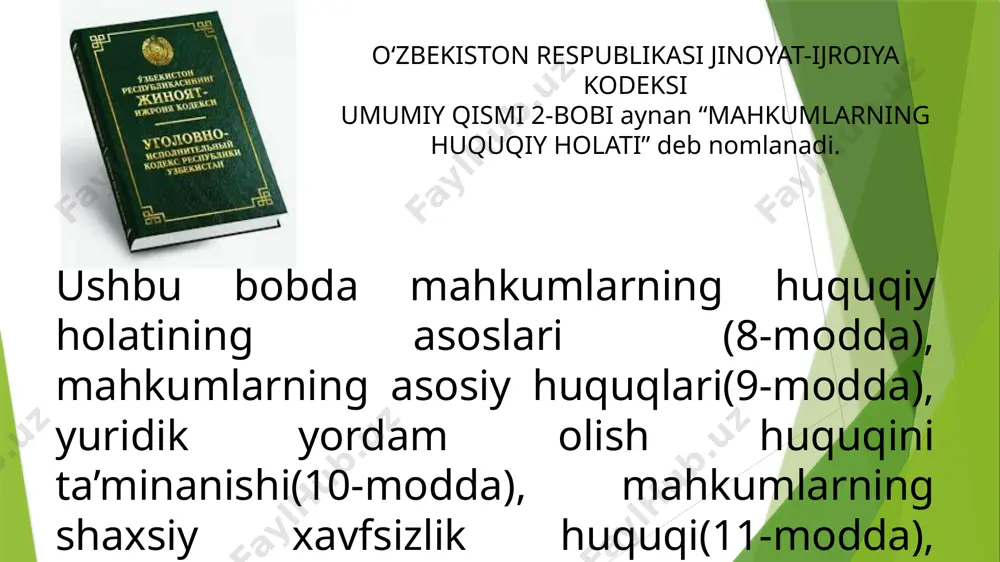 utatlari, xalq deputatlari viloyat, tuman va shahar kengashlari deputatlari saylovlarida hamda referendumda ishtirok etish huquqiga ega. mahkum ajnabiy fuqarolar shuningdek o‘z davlatlarining diplomatiya vakolatxonalari va konsullik muassasalari bilan, o‘zbekiston respublikasida diplomatiya va konsullik muassasalari bo‘lmagan mamlakatlarning fuqarolari esa, ularning manfaatlarini himoya qilishni o‘z zimmasiga olgan davlatning diplomatiya vakolatxonalari bilan aloqa qilib turish huquqiga ega. yuridik yordam olish huquqini ta’minlash (10-modda) mahkumlar advokatlardan malakali yuridik yordam olish huquqiga ega. yuridik yordam olish uchun advokatlar bilan xoli uchrashuvlar mahkumlarga ularning arizasiga yoki advokatning iltimosnomasiga ko‘ra beriladi. advokat bilan uchrashuvni mahkumning o‘zi rad etganligi sababli advokatning mahkum yuridik yordam olishi uchun u bilan uchrashuv berilishi to‘g‘risidagi iltimosnomasini qanoatlantirish rad etilganligi advokat mahkum bilan xoli suhbatlashganidan keyin tasdiqlanishi kerak, bu haqda bayonnoma tuzilib, u mahkum, advokat va jazoni ijro etish muassasasi ma’muriyatining vakili tomonidan imzolanadi. mahkumlarning advokatlar bilan uchrashuvlari ushbu kodeksda belgilangan uchrashuvlar soni hisobiga kirmaydi, bunday uchrashuvlar soni va muddati cheklanmaydi. yuridik yordam …