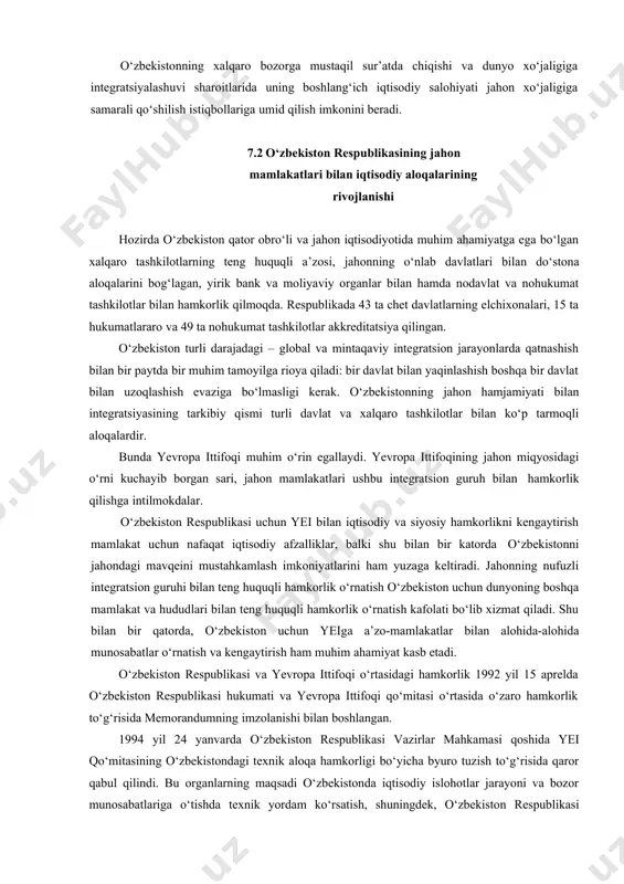 qozog‘iston respublikasi bilan mustahkam transport aloqasiga ega. bu aloqa orqali respublikamizning rossiya, xitoy, osiyoning boshka davlatlari va tinch okeani regioni avtoyo‘llariga chiqishi ta’minlanadi. o‘zbekistonning bevosita ishtirokida transosiyo magistralining bir qismi hisoblangan, janubiy-sharqiy osiyoni g‘arbiy yevropa bilan tutashtiradigan va transsibir magistralidan 1500 km qisqa bo‘lgan tajan-seraxs-mashxad yangi yo‘li ishga tushirildi. shu bilan bir qatorda o‘zbekiston va markaziy osiyo mamlakatlariga poti porti orqali yevropa bilan bog‘lanish imkoniyatini beruvchi turkmaniston va transkavkaz yo‘li orqali o‘tgan transport yo‘lagi o‘zlashtirildi. respublika avtomobil yo‘llaritarmog‘i rivojlanishining asosiy ko‘rsatkichlari bo‘yicha mdh mamlakatlari orasida yetakchi o‘rinda turadi. mavjud avtomobil yo‘llari respublika hududdi orqali qirgiziston, turkmaniston, tojikiston, afg‘oniston, ular orqali esa pokiston, hindiston, eron, janubi-sharqiy osiyo davlatlari yo‘llariga tranzit yuk va yo‘lovchilarning uzluksiz o‘tishini ta’minlaydi. o‘zbekiston milliy aviakompaniyasi boing- 747, a-310, il-86, tu-154 va boshqa shu kabi zamonaviy havo laynerlariga va mahalliy yo‘llarga mo‘ljallangan ko‘p miqdordagi havo kemalariga ega. hozirgi vaqtda o‘zbekiston mdhning bir necha yirik shaharlari va jahonning 20ta …