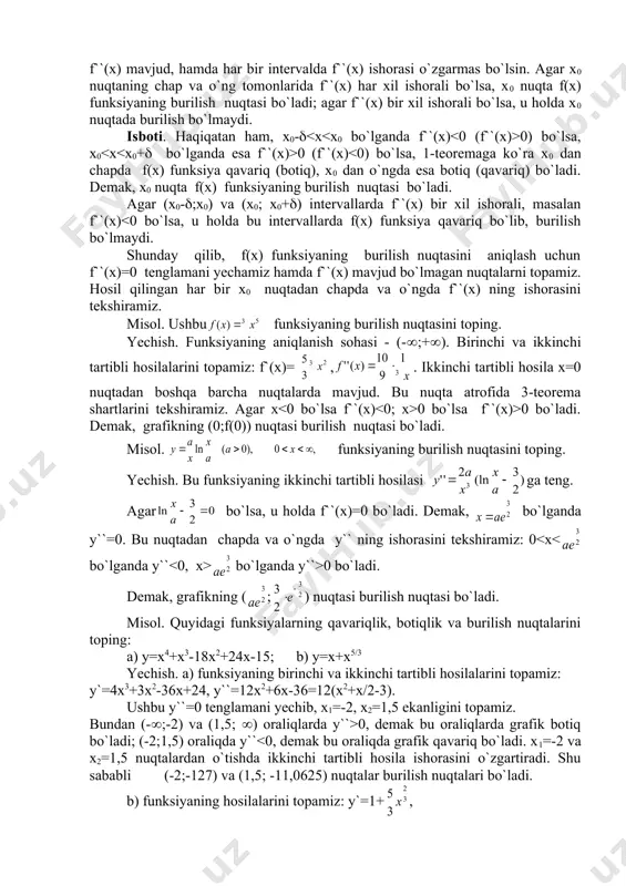 la x=0 nuqtadan o`tganda ishorasini o`zgartiradi, shu sababli (0;0) nuqta burilish nuqtasi bo`ladi. funksiyani cheksizlikda, ya`ni x(+( va x(-( da, yoki uning ikkinchi tur uzilish nuqtasi atrofida o`rganish ko`p hollarda funksiya grafigi nuqtalari bilan biror to`g`ri chiziqning nuqtalari orasidagi masofa yetarlicha kichik bo`lishini ko`rsatadi. bunday to`g`ri chiziq grafikning asimptotasi deyiladi. (-rasm) ta`rif: agar y=f(x) egri chiziqda olingan o`zgaruvchi nuqta koordinatalar boshidan cheksiz uzoqlashganda shu nuqtadan biror to`g`ri chiziqqacha bo`lgan masofa nolga intilsa, u holda bu to`g`ri chiziq egri chiziqning asimptotasi deyiladi. asimptotalar vyertikal (ordinatalar o`qiga parallel) va og`ma (ordinatalar o`qiga parallel emas) bo`lib ikkiga ajraladi. og`ma asimptotalar ichida abssissalar o`qiga parallel bo`lganlari ham mavjud bo`lib, ular gorizontal asimptota deyiladi. 2. asimptotalar vertikal asimptotalar. faraz qilaylik a nuqtadagi bir tomonli limitlarning kamida biri cheksizga teng bo`lsin. u holda y=f(x) egri chiziqdagi m(x,y) nuqta x ( a da koordinatalar boshidan cheksiz uzoqlashadi, shu nuqtadan x=a to`g`ri chiziqqacha bo`lgan masofa mn=|x-a| nolga intiladi. …