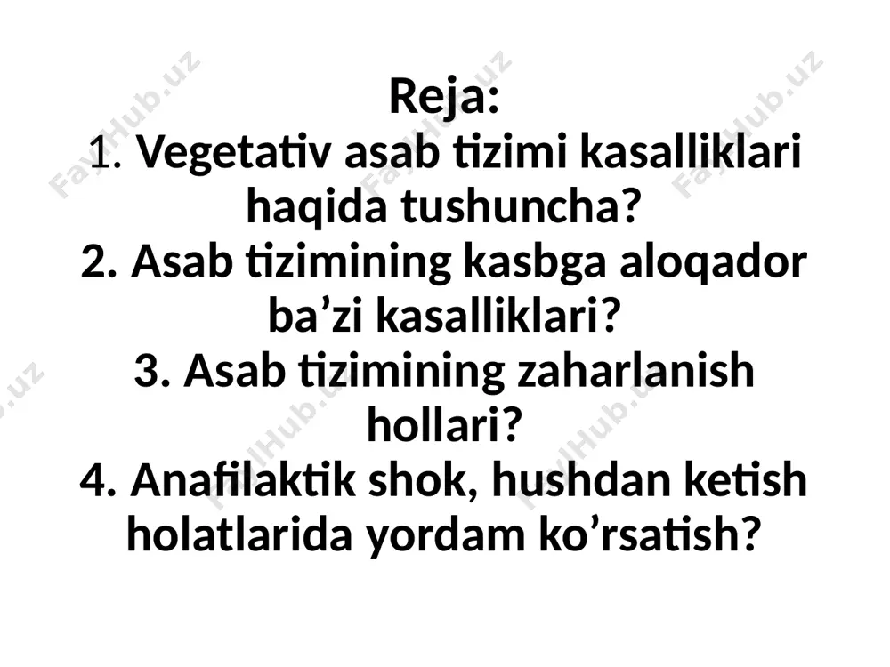 sezgilar paydo bo‘lishi yoki og‘riq, og‘izdan so‘lak oqishi yoki og‘iz qurishi, ishtaha kamayishi, qusish, ich ketish yoki qotish, qorin damlanishi, tez-tez siyishdan, nafas olishning tezlashishi, havo yetishmaslik, ba’zi bemorlar o‘pkasiga to‘liq havo bormasligidan noliydilar. bemorlarda har xil parezteziyalar, bel, dumg‘aza, dum va kuraklar oralig‘ida og‘riq bo‘lib turishi, ish qobiliyatining pasayishi, boshda og‘irlik sezish va xotiraning kamayish holatlari kuzatiladi. asab sohasini tekshirganimizda pay reflekslarining kuchayishi yoki kamayishi, qo‘l barmoqlarida titrash, dermografizm o‘zgarish, pilomotor reflekslar susaygan yoki kuchaygan, ashner belgisi, ortostatik yoki klinostatik sinovlarining buzilishi, qon bosimining o‘zgaruvchanligi, ter ajralishi, tana harorati subfebril yoki gipotermiya, akrosianoz, qo‘l-oyoq panjalarining sovuq qotishi kuzatiladi. bemorlar issiqlikni yomon sezadilar, ob-havo o‘zgarishi ularga kuchli ta’sir qiladi. migren juda keng tarqalgan kasallik bo‘lib, xurujsimon bosh og‘riq (ko‘pincha boshning bir tomonida) bilan birga qusish va teri rangining oqarishi bilan xarakterlanadi. migren 6 % aholi o‘rtasida uchraydigan kasallik, ko‘pqro xotin-qizlarda kuzatiladi, asosan, nasldan autosom — dominant xilida o‘tadi. kasallik kelib …