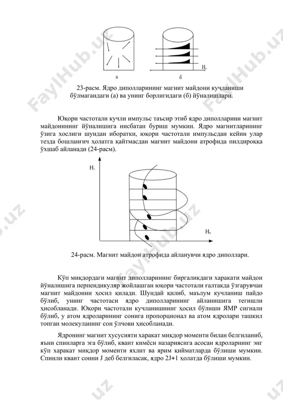 л топган қандайдир моддани кучли магнит майдонига (кучланиши н0 ) жойлаштирсак, ундаги магнит диполлари компас милининг ернинг магнит майдонига қараб мосланишига ўхшаб йўналади (23-расм). 23-расм. ядро диполларининг магнит майдони кучланиши бўлмагандаги (а) ва унинг борлигидаги (б) йўналишлари. юқори частотали кучли импульс таъсир этиб ядро диполларини магнит майдонининг йўналишига нисбатан буриш мумкин. ядро магнитларининг ўзига хослиги шундан иборатки, юқори частотали импульсдан кейин улар тезда бошланғич ҳолатга қайтмасдан магнит майдони атрофида пилдироққа ўхшаб айланади (24-расм). 24-расм. магнит майдон атрофида айланувчи ядро диполлари. кўп миқдордаги магнит диполларининг биргаликдаги харакати майдон йўналишига перпендикуляр жойлашган юқори частотали ғалтакда ўзгарувчан магнит майдонни ҳосил қилади. шундай қилиб, маълум кучланиш пайдо бўлиб, унинг частотаси ядро диполларининг айланишига тегишли ҳисобланади. юқори частотали кучланишнинг ҳосил бўлиши ямр сигнали бўлиб, у атом ядроларининг сонига пропорционал ва атом ядролари ташкил топган молекуланинг сон ўлчови ҳисобланади. ядронинг магнит хусусияти харакат миқдор моменти билан белгиланиб, яъни спинларга эга бўлиб, квант кимёси назариясига асосан ядроларнинг …