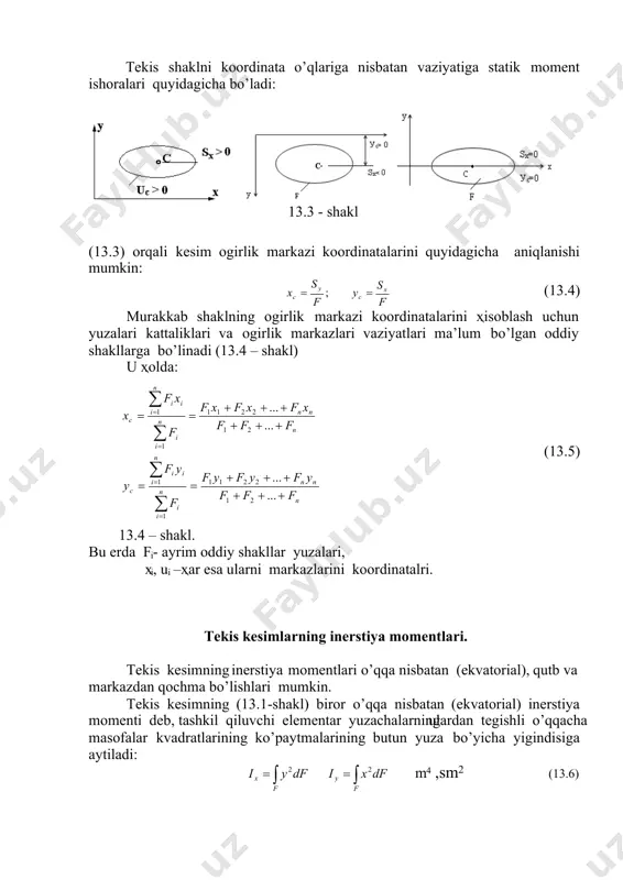 tb va markazdan qochma bo’lishlari mumkin. tekis kesimning (13.1-shakl) biror o’qqa nisbatan (ekvatorial) inerstiya momenti deb, tashkil qiluvchi elementar yuzachalarning ulardan tegishli o’qqacha masofalar kvadratlarining ko’paytmalarining butun yuza bo’yicha yigindisiga aytiladi:  f x dfyi 2  f y dfxi 2 m4 ,sm2 (13.6) 13.3 - shakl n nn n i i n i ii c n nn n i i n i ii c fff yfyfyf f yf y fff xfxfxf f xf x               ... ... ... ... 21 2211 1 1 21 2211 1 1 tekis kesimning qutb inerstiya momenti deb, tashkil qiluvchi elementar yuzachalarning ulardan koordinata boshigacha (qutbgacha) masofalar kvadratlariga ko’paytmalarining butun yuza bo’yicha yigindisiga aytiladi:  f p dfi 2 . m4 ,sm4 (13.7) pifagor teoremasiga asosan r2=y2+x2. buni (7) ga qo’ysak   yx fff jjdfxdfydfxyj   2222 yx jjj …