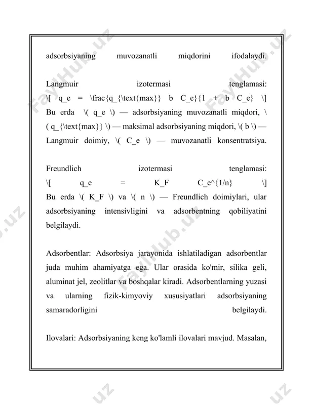 a yuzasidan moddalarning chiqib ketishi jarayonidir. bu jarayon ko'pincha issiqlik, vakuum va boshqa energiya turlarining qo'llanilishi orqali amalga oshiriladi. desorbsiya jarayoni gazlar yig'ilishida keng qo'llaniladi, masalan, gaz sig'adigan silindrlar yoki katalizatorlar yuzasida yig'ilgan moddalardan tozalash paytida. adsorbsiya va desorbsiya jarayonlari kimyo sanoatida, masalan, aktivlashtirilgan uglerod yordamida turli moddalardan tozalash, hava filtratsiyasi va gazlarni ajratish uchun muhimdir. aktivlangan uglerodning yuqori yuzasi va mikroporoz strukturasini hisobga olib, bu adsorbent ko'pincha kiruvchi moddalarni tozalashda samaraliroq bo'ladi. misol uchun, suvdan organik ifloslantiruvchi moddalarni olib tashlashda aktivlangan uglerod adsorbent sifatida keng qo'llaniladi. amaliyotda bu jarayonlarning samaradorligini oshirish uchun turli materiallar va texnologiyalar ishlab chiqiladi. xususan, nanomateriallar, masalan, uglerod nanotubalari va grafen, adsorbent sifatida katta potensialga egadir, chunki ular katta yuzaga va kimyoviy o'zgarishlarni kiritish qobiliyatiga ega. umuman olganda, adsorbsiya va desorbsiya jarayonlari o'zining keng doiradagi qo'llanilish maydoni tufayli hozirgi vaqtda yangi materiallar va texnologiyalarni yaratlishda katta qiziqish uyg'otmoqda. bu jarayonlarning nazariyasi va amaliyoti har yili …