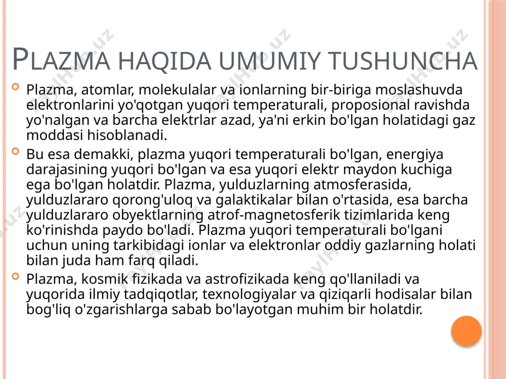 og'liq. yulduzlararo moddalar, boshqa moddalar bilan farq qiladigan va asosan ularning atmosferasida plazma guruhi katta ahamiyatga ega. quyosh, yulduzlararo nurlar yoki quyoshlar, yulduzlararo ob'ektlar kabi ko'plab ob'ektlarning atmosferalari plazma moddasi bilan to'ldirilgan. ular atmosferada muhim elektr energiyasini olayotgan va kuchli magnit maydonlarga ega. quyoshning atmosferasi, yoki photosphere, yuqori haroratli plazma tabakasidan iborat. uning yuqori harorati, quyoshning bohning yuqori temperaturasi bilan bog'liq: quyoshning temperaturasi 5700 gradus celsius darajasidan 10000 daraja kelvinning oshiq harorati yuqorida oshadi. quyosh fotosferasi, ularning moddasi, o'rtacha elektron va ionlardan tashkil topgan, bu esa uni bir qator unikal xususiyatlarga ega qilar. yulduzlararo moddalar davrida, yulduzlar yoki atmosferalarda hodisalar sodir bo'lganda, plazma moddasi aks ettiradi va ularning o'z xususiy xususiyatlariga ega bo'ladi. plazma, kostik mulkda uchrashganini aytdi, yulduzlararo moddalar atmosferasida alohida sifat va shaklni o'lchashda katta ahamiyatga ega. plazmaga xos xususiyatlari, o'tkazuvchanligi, ionlashishi, yuqori harorati va magnit effekti, yulduzlararo moddalar atmosferasining harakatlarini va xususiyatlarini ta'minlaydi. 6 plazma, elektronlar, ionlar …