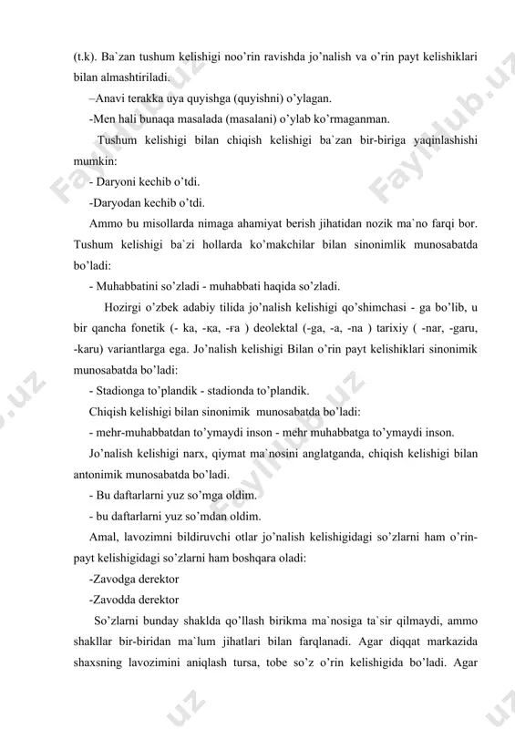 ayrim hollarda -ish, -imtir qo’shimchalari bilan sinonim bo’la oladi. ammo –roq predmet belgisini boshqa belgilarga bildiruvchi anatik shakllar bilan ham sinonim bo’la oladi: yaxshiroq-bir oz, yaxshi. grammatik jihatdan 2 xil kategoriyaga mansub bo’lsa ham, ma`no yaqinliklari tufayli birining o’rnida 2-sini ishlatish mumkin. –li fe`l sifat yasaganda digan qo’shimchasi bilan sinonim bo’la oladi. yuqumli kasal, yuqadigan kasal ukishli kitob-o’qiladigan kitob –li qo’shimchasi –dor, -kor va –ba –morfemalari bilan sinonimik vazifada bo’ladi.-ayibli-ayibdor, guvoxli-gunoxkor, quvvatli-baquvvat, ammo har doim ham emas -vijdonli-vijdondor, kuchli-bakuch. -li qo’shimchasi orqali biror belgiga egalikni ko’rsatuvchi so’zlar analitik shakllar bilan almashtirish ham mumkin: mevali-mevasi bor, sepkilli-sepkili bor, sifat yasovchi qo’shimchalarda yana qo’ydagi sinonimik holatlar ko’rish mumkin: sh-n-i-ni-dagi pastki-pastdagi. –q,-q-gan siniq-singan -ma-gan ulama-ulangan -qir-ag’on chopqir-chopag’on -mand-li xunarmand-xunarli -namo-ga uxshash majnunnamo-majnunga uxshaydi -sinon-kabi tuximsimon-tuxum kabi son gap ichida umumiy miqtorda aniqlik, konkrektlik kiritish uchun xizmat qiladi. -bozordan ko’p olma sotib oldim (5 tami, 100 tami, necha kilogramm) –miqdor noma`lum. -bozordan besh kilogramm …
