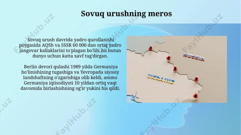 ifatida o'zini namoyon qilishga qaratilgan bo'lib, bu mamlakatning nato doirasidagi rolini qayta ko'rib chiqishga olib keldi. qurollanish poygasi va yadroviy tahdid berlin devori qurilishi (1961) germaniya va butun yevropani ikki qutbga bo'lib, ideologik va harbiy qarama-qarshiliklarning kuchayishiga va yadroviy tahdidning oshib borishiga sabab bo'ldi. 1962-yilda kubada raketa inqirozi aqsh va sovet ittifoqi o'rtasida yadro urushi xavfini yuqori darajaga yetkazdi, dunyo 3-jahon urushi arafasida turdi. kubaning raketa inqirozi kubaning raketa inqirozi paytida qo'shma shtatlar karayib dengizi atrofida dengiz blokadasi o'rnatdi va sovet ittifoqi qo'shma shtatlarga qarshi yadroviy hujum qilish bilan tahdid qildi, bu esa 13 kunlik keskinlikka olib keldi. 1962-yil oktyabr oyida kuba respublikasida sssr tomonidan yadro qurollari joylashtirilishi qo'shma shtatlar va sovet ittifoqi o'rtasida to'qnashuv xavfini tug'dirdi, bu esa dunyoni yadro urushi chegarasiga olib keldi. sovuq urush davri: amerika qoʻshma shtatlari va yevropa mamlakatlari marshall rejasi orqali aqsh 1948-1951 yillar oraligʻida gʻarbiy yevropaning iqtisodiy tiklanishiga 13 milliard dollardan ortiq mablagʻ …