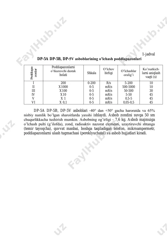 rlanish darajasini aniqlash uchun ishlatiladi (dp- 100m, dp-100a,d,m va boshqalar.) 1- shakl. radiometrik asboblarining ishlash jarayoni sxemasi. 1-ionlash kamerasi; 2-elektrometrik lampa; 3- qarshilik; 4-milliampermetr; 5-energiya manbai qabul qiluvchi qurilma (datchik yoki nurlar detektori) - ta’sir etuvchi radioaktiv nurlar energiyasini boshqa turdagi (elektr, kimyoviy, yorug’lik) energiyaga aylantirish uchun mo’ljallangan. qabul qiluvchi qurilma sifatida dala asboblarida ionlash kamerasi va gazorazryad hisoblagichlar qo’llaniladi. ionlash kamerasi - havo bilan to’ldirilgan germetik idish bo’lib, unga korpusdan ajratilgan markaziy elektrod o’rnatilgan. kamera devorlari ixotalovchi materiallardan tayyorlangan bo’lib, ularning ichki tomoni tok o’tkazuvchi materiallar bilan qoplangan. tashqi manbadan kameraga elektr toki kuchlanishi berilib, bu markaziy elektrod va kamera devorining tok o’tkazuvchi qavati o’rtasida potensiallar ayirmasi hosil qiladi. radioaktiv nurlar yo’q bo’lganda, havo elektrodlar orasida ixotalovchi bo’lib xizmat qiladi, kamera zanjirida tok bo’lmaydi. radioaktiv nurlar ta’sirida havo kamerasida ionlanish sodir bo’ladi, kamera zanjirida ionlash toki paydo bo’ladi. bu tok kattaligi kamera orqali o’tayotgan radioaktiv nurlar dozasi quvvatiga bog’liq …