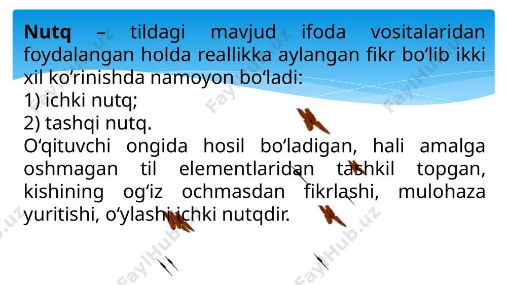 pastlatish, ohista gapirish o‘qituvchi mahoratiga bog`liq. nafas olish organizmga hayot bag`ishlovchi fiziologik funktsiyani bajaradi. shu bilan birga u nutq energiya bazasi bo‘lib ham hisoblanadi. nutq so‘zlayotganda nafas olish – fonatsion nafas olish deyiladi (rengo-tovush). kundalik hayotdagi nutq asosan dialog shaklida bo‘ladi. shuning uchun ham nafas olish ortiqcha qiyinchilik tug`dirmaydi. dars davomida o‘qituvchi juda ko‘p gapiradi, yangi mavzuni tushuntiradi, ma’ruza o‘qiydi. nutq so‘zlashda qaysi mushaklarning ishtirok etishiga qarab nafas olish 4 turga bo‘linadi. yuqori nafas – yelkalarning ko‘tarilib tushishi va ko‘krak qafasining yuqori qismi ishtirokida hosil qilinadi. bu bo‘sh yuzaki nafas bo‘lib, unda o‘pkaning faqat yuqori qismi ishtirok etadi. ko‘krak nafas - qovurg`alar o‘rtasidagi mushaklar yordamida hosil bo‘ladi. bunda ko‘proq nafasning ko‘ndalang hajmi o‘zgaradi. diafragma ishtirokidagi nafas - ko‘krak nafasning bo‘ylama hajmini oshishi hisobiga vujudga keladi. diafragma - qovurg`ali nafas, diafragmaning qisqarishi qovurg`alar oralig`idagi nafas mushaklari ishtirokida vujudga keladi. tаbаssum turli hissiyotlаrni аnglаtgаnligi uchun ulаrning bа’zi turlаrini hisоbgа оlish mаqsаdgа muvоfiq: …