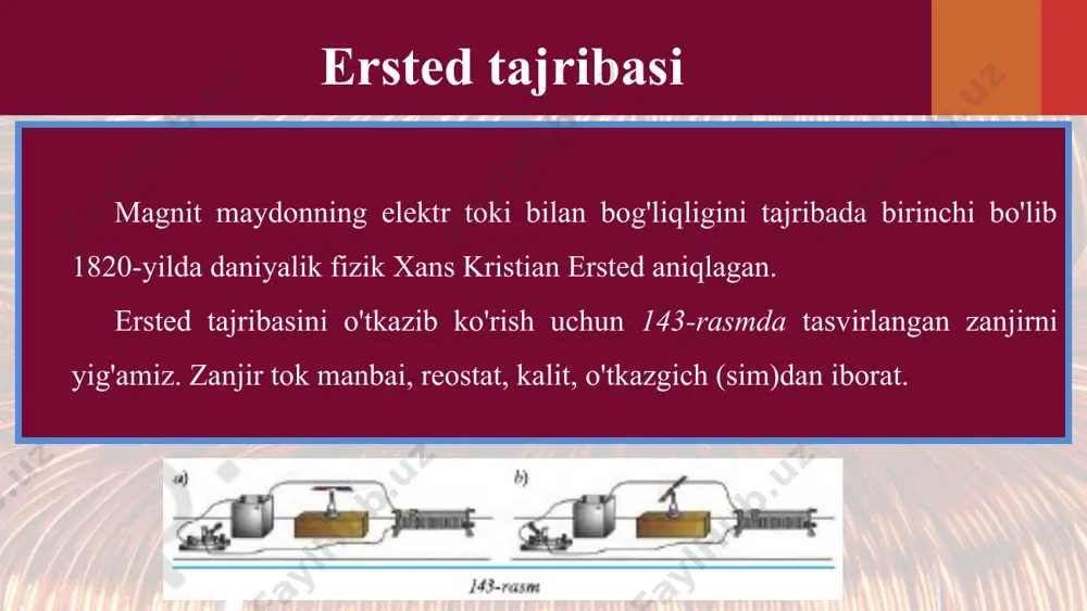 g yo'nalishiga bog'liq. to'g'ri tok atrofidagi magnit maydonning kuch chiziqlari aylanalardan iborat bo'lib, uning yo'nalishini parma qoidasi orqali quyidagicha tushuntirish mumkin (145-rasm). agar parmaning ilgarilanma harakati tok yo'nalishi bilan bir xil bo'lsa, u holda parma dastasining aylanish yo'nalishi magnit induksiya chiziqlarining yo'nalishini ko'rsatadi. g'altakning magnit maydoni ersted tomonidan tokli o'tkazgichning magnit maydoni kashf etilishi elektromagnetizm sohasidagi tadqiqotlarga turtki bo'ldi. 1820-yilda fransuz fiziklari andre mari amper va dominik fransua arago o'tkazgich (g'altak)dan aylanma holatida tok o'tkazib, bunda to'g'ri tok maydoniga nisbatan kuchli magnit maydoni hosil bo'lishini aniqladilar. simni spiral shaklga keltirib, uning ikki tomoniga ikkita magnit strelkasini yaqinlashtiramiz (146-a rasm). simdan tok o'tkazsak, ikkala strelka ham spiral o'qi tomon buriladi. bunda strelkalarning qutblari bir xil yo'nalishda joylashadi. metall simni spiral shaklida organik shisha orqali o'tka-zaylik. uning ustiga temir kukunlarini sochaylik. simdan tok o'tkazilsa, temir kukunlari tokning magnit kuch chiziqlari yo'nalishida joylashadi (146-b rasm). temir kukunlari o'rniga magnit strelkalari joylansa manzara yanada …
