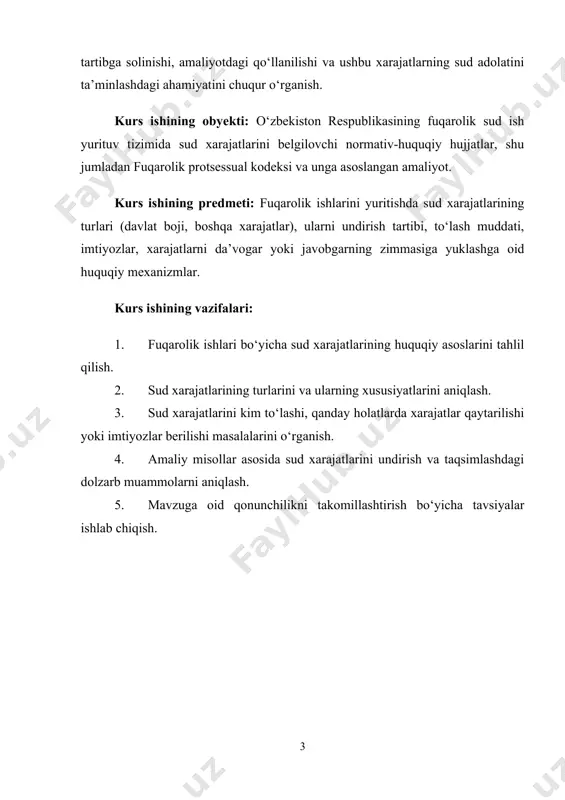 lik protsessual qonun hujjatlarida uning quyidagi turlari: buyruq tartibidagi ishlarni, da'vo tartibidagi ishlarni, alohida tartibda yuritiladigan ishlarni, hakamlik sudining hal qiluv qarori bilan bog'liq ishlarni va chet davlat sudlarining hamda chet davlat hakamlik sudlarining (arbitrajlarining) hal qiluv qarorlarini tan olish va ijroga qaratish bilan bog'liq ish yuritish turlari mavjudligi ko'rsatilgan. shuningdek, fuqarolik protsessual kodeksiga kiritilgan 231-bob. korxonalar, muassasalar, tashkilotlar, jamoat birlashmalarining ma'muriy va boshqa ommaviy huquqiy munosabatlardan yuzaga kelmaydigan qarorlari hamda ular mansabdor shaxslarining shunday harakatlari (harakatsizligi) yuzasidan nizolashish toʻg'risidagi ishlarni yuritish» ham sud ishlarini yuritishning bir turi sifatida o'ziga xos xususiyatlarga ega. o'zbekiston respublikasi fuqarolik protsessual kodeksining 4-moddasida fuqarolik sud ishlarini yuritish vazifalari ko'rsatilgan bo'lib, unga ko'ra, fuqarolarning shaxsiy, siyosiy, iqtisodiy va ijtimoiy huquqlarini, erkinliklari va qonuniy manfaatlarini, o'zbekiston respublikasining huquqlari va manfaatlarini, shuningdek korxonalar, muassasalar, tashkilotlar, jamoat birlashmalari va fuqarolar o'zini o'zi boshqarish organlarining huquqlari hamda qonun bilan qo'riqlanadigan manfaatlarini himoya qilish maqsadida fuqarolik ishlarini to'g'ri, o'z vaqtida …