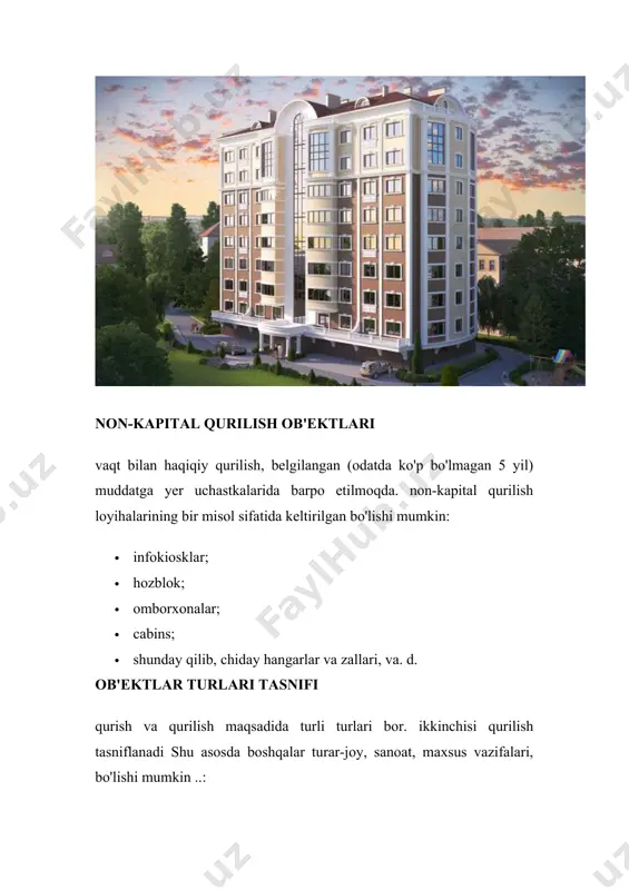 mli tadbirlar, shuningdek, binolar biznes qurilishida ixtisoslashgan vazifalarini kiritilgan, boshqa bor. kishilarga, masalan, ta'mirlash va bezash o'z ichiga oladi. rekonstruksiya va modernizatsiya qilish, ular amalga oshirish ob'ekt asosiy tuzilishi, texnik parametrlarini o'zgartirish emas, aslida tomonidan birinchi navbatda, ajralib turadi. bu qurilish turlari barcha: rekonstruksiya, (shu jumladan) ta'mirlash, kengaytirish, modernizatsiya qilish, boshqalar - juda murakkab, eng qismi uchun ish .. ular muayyan ko'nikma va qobiliyatlarini o'sha xodimlarini talab qiladi. qurilish ishlari umumiy turlari shuningdek modernizatsiya va rekonstruksiya qilish o'z ichiga olishi mumkin, deb bino va inshootlarni qurish jarayoni: · qurilish sayt o'rganish geodezik ishlar. · dastlabki ish (eski inshootlarni buzish, vaqtinchalik yo'llar, kommunal va hokazo. d. qurilishi). · qazishga ishlari (drenaj, siqishni, qazish havzalar va kovaklariga). · shuningdek qurilma. · asoslarini qurish. · yig'ish tuzilmalar yotqizish ishlari. · metall tuzilmalar o'rnatish. · yog'och inshootlarni assambleyasi. · apparat tomlari va hokazo. d. bularning barchasi ish o'rinlari turdagi qurilishida o'z xususiyatlari bor va …