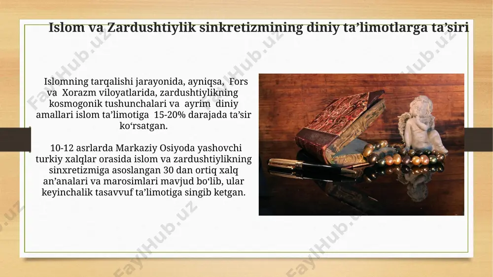 usan, ziyorat va qabriylarga hurmat ko‘rsatishga, mahalliy an’analar aralashgan holda, yangi ma’nolar kiritildi, 7 dan ortiq ziyoratgohlar vujudga keldi. islom va xristianlik sinkretizmining diniy ta’limotlarga ta’siri andalusiya (ispaniya)dagi 8-15-asrlar davomida, islomiy va xristian madaniyatlari o’rtasidagi uzluksiz aloqa falsafa, huquq va adabiyot sohalarida yangi ta’limotlarning shakllanishiga olib keldi, bu esa dinlararo muloqotning murakkab ko’rinishini namoyon etdi. 7-asrda, misr va suriyadagi nasroniylik an’analarining ta’siri ostida, islomiy tasavvufning ba’zi mazhablari, ayniqsa, avliyolarga sig’inish va muqaddas joylarga ziyorat qilish kabi amaliyotlarni o’zlashtirdi. zamonaviy dunyoda islomning sinkretik shakllari zamonaviy o'zbekistonda, taxminan 15 million musulmon aholining 20% ga yaqini, sufizm va mahalliy an'analar aralashgan sinkretik islom amaliyotini kuzatadilar. indoneziyaning java orolida, 90 million musulmon orasida, kejawen dini kabi sinkretik shakllar, hinduizm va buddizm ta'sirida yuzaga kelgan islomning noyob interpretatsiyalarini namoyon etadi. islom va hindiston dinlari sinkretizmining diniy ta’limotlarga ta’siri 18-asrda sind viloyatida, islom va hinduizmning sinkretik ta’siri natijasida paydo bo'lgan diniy guruhlarning 20 dan ortiq turli …