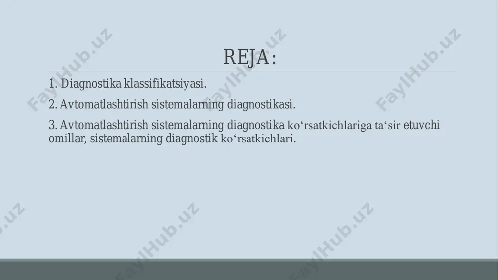 parametrlarni o'lchash prinsipi bo'yicha diagnostika usullari bevosita va bilvosita turlarga bo‘linadi. bilvosita diagnostika usuli - mashina mexanizmlarini qismlarga ajratmasdan datchikdan yoki diagnostika moslamasidan tashqarida o'rnatishda mashina yig'ilishlarining texnik holatini bilvosita (diagnostik) parametrlar bo'yicha aniqlashga asoslanadi. bilvosita usullar mashina mexanizmlari, tizimlari va birikmalarining texnik holatini tavsiflovchi jismoniy miqdorlarni bevosita o'lchashga asoslanadi: bosim, differentsial bosim, harorat, tizimdagi ishchi suyuqlikning differentsial harorati, gaz, yoqilg'i, moy, mashina tarkibiy qismlarining tebranish parametrlari, dvigatelning aylanish tezligi va boshqalar. hozirgi vaqtda avtomatik boshqarish va diagnostika tizimlari ko'plab muammolarni hal qilmoqda. bular asosan quyidagilardan iborat: • tekshirilayotgan tizimning ishga yaroqliligini nazorat qilish; • tizimda uning ishlashini tiklashga qaratilgan qayta sozlashlarni amalga oshirish; • mumkin bo'lgan nosozliklarni bashorat qilish; • buzilish boshlanishi va uning oqibatlarini bashorat qilish va boshqalar. ushbu vazifalarning barchasini real vaqtda diagnostika tizimi yordamida hal qilish mumkin deb taxmin qilish tabiiydir. texnik diagnostika tizimining maqsadiga ko'ra ixtisoslashgan va universalga turlarga bo'linadi 2. avtomatlashtirish sistemalarning diagnostikasi. texnik …
