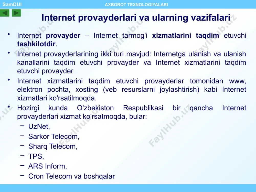 kchilari soni audio– va videokonferensiyalar ishtirokchilari sonidan ancha ko'p bo'lishi mumkin. internet konferensiyalar internet radio va televideniya samdui axborot texnologiyalari www tarmog'idagi ma'lumotlardan foydalanish uchun faqatgina brouzerlarning xizmati kamlik qiladi. ya'ni audio hamda video hujjatlarni aks ettiruvchi tezkor dasturlar ham mavjuddir. bu dasturlar serverlarda joylashgan yoki to'g'ridan - to'g'ri uzatilayotgan audio hamda video hujjatlardan foydalanishga imkoniyat yaratadi. bular: real рlayer, quck рlayer, cоsmо рlayer, media рlayer. samdui axborot texnologiyalari skayp – bu internet orqali kompyuterlararo so'zlashuv aloqasini ta'minlab beruvchi tizimdir. skayp tizimi internet orqali mobil va uy telefonlariga qo'ng'iroq qilish pullik xizmatlarini ham ko'rsatadi. bundan tashqari skayp tizimi yordamida chat sifatida matn xabarlarini yuborish, videoqo'ng'iroqlarni amalga oshirish hamda konferensaloqani ham amalga oshirish mumkin. video- qo'ng'iroqlarni amalga oshirishda veb kameradan foydalaniladi. skayp tizimi samdui axborot texnologiyalari internet tarmog'i shunday bir muhitki u o'zida turli ko'rinishdagi va turli tillardagi ko'plab axborotlarni jamlagan. internet tarmog'ida har bir foydalanuvchi axborotni qidirish uchun o'zbek, rus, …