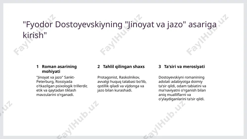 siri psixologik buzilish raskolnikov jinoyatni bajarib o'zining ulug'ligini isbotlash uchun kurashadi, lekin xotirasi va ma'naviy qiyinlik bilan shaytonlanadi. raskolnikovning kurashi jamiyatning kutgan umidlari va bosqichlari tomonidan og'irlik qilinadi, bu uning vijdon va istaklari o'rtasida doimiy urushga olib keladi. roman davomida, raskolnikovning ma'naviy holati yomonlashib, paranoiya, hayolxonliklar va ichki aniq urushning kuchayib borishiga olib keladi. roman tabiat simvolizmi 1 2 3 tabiat kishilarning ichki qiyinliklarining aks etishidir. tabiat ruhani yangilanish manbai sifatida tabiat qismat va maqsadning ramzi sifatida qattiq sibirning manzarasi qahramonlarning ichki kurashlari va ma'naviy muammolari, masalan, raskolnikovning vijdonsizligi va sonyaning to'g'ri yo'lni topishi kabi, odamlar va tabiatning o'zaro ta'siri bilan o yashil o'tlar va tinch qishloq xaritasi shahar qirg'inligiga qarshi kurashni taqdim etadi, shaxslar uchun qiziqish va o'zbeklikning aniq aniq aniq aniq aniq aniq aniq aniq aniq aniq aniq aniq an tabiatning e'tiborsiz va boshqarilmas kuchlari qahramonlarning qismatlariga parallel ravishda bo'lib, ularning harakatlari va natijalari qat'iyanlikni ajratib turib, ularning …