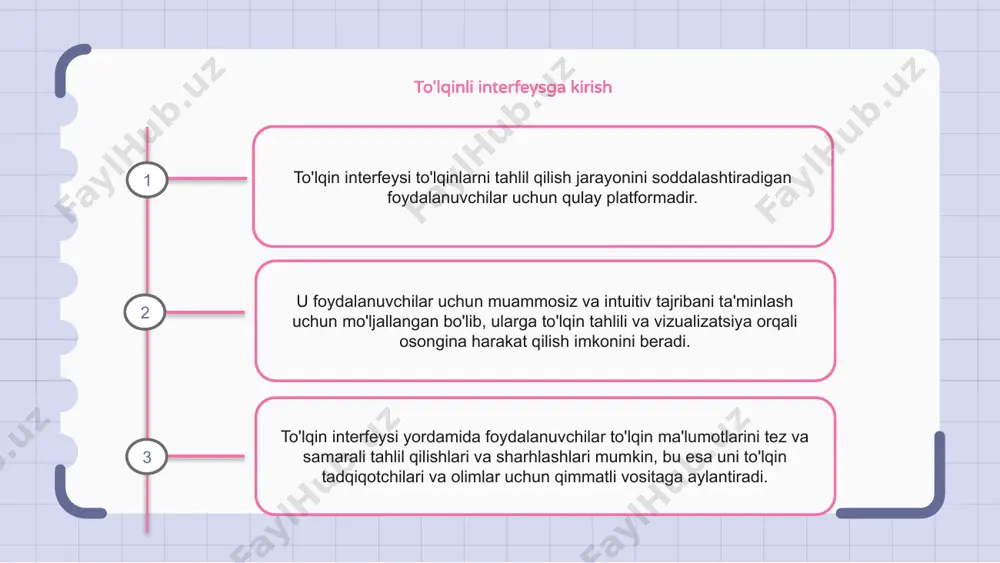 i mumkin. to'lqin interfeysi, shuningdek, turli xil aloqa vositalarini birlashtirish va real vaqt rejimida yangilanishlar va bildirishnomalarni taqdim etish orqali hamkorlik va aloqani rag'batlantiradi. to'lqin interfeysida foydalanuvchining o'zaro ta'siri to'lqin interfeysi noyob va interaktiv foydalanuvchi tajribasini taqdim etadi, bu foydalanuvchilarga real vaqt rejimida osongina hamkorlik qilish va muloqot qilish imkonini beradi. to'lqin interfeysi yordamida foydalanuvchilar hujjatlar, elektron jadvallar va taqdimotlar kabi kontent bilan muammosiz o'zaro aloqada bo'lib, uni har qanday jamoa yoki shaxs uchun ko'p qirrali vositaga aylantiradi. to'lqin interfeysining intuitiv dizayni va foydalanuvchilarga qulay xususiyatlari foydalanuvchilarga platformada navigatsiya qilish va ulanishni osonlashtiradi. to'lqinli interfeysni loyihalash tamoyillari to'lqin interfeysi uchta asosiy dizayn tamoyiliga amal qiladi: soddalik, moslashuvchanlik va intuitivlik. oddiylik interfeysni boshqarish va tushunish oson bo'lishini ta'minlaydi, keraksiz murakkablikni yo'q qiladi. moslashuvchanlik foydalanuvchilarga interfeysni o'z ehtiyojlari va afzalliklariga ko'ra sozlash imkonini beradi. 1 2 3 to'lqin interfeysida navigatsiya wave interfeysi foydalanuvchilarga ilovaning turli funksiyalari va funksiyalariga osongina kirish va harakat …