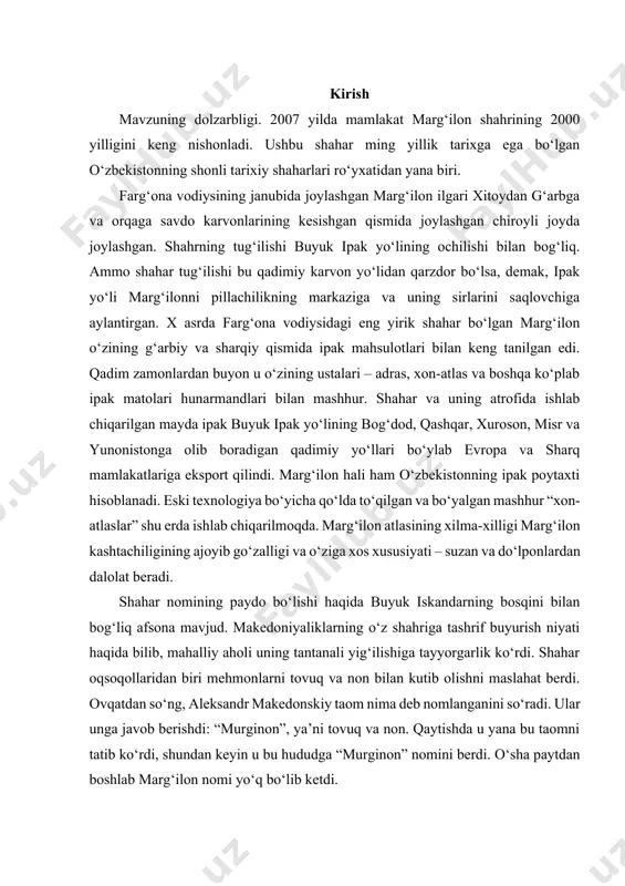 ʻra, margʻilonga iskandar zulqarnayn tomonidan asos solingan. aytishlaricha zulqarnayn ovqatlangani toʻxtaganda, unga murgʻ yaʼni tovuq va non berilgan ekan va shundan murgʻinon boʻlib shaharni nomi kelib chiqqan ekan. lekin boshqa ishonchliroq maʼlumotlarga qaraganda margʻilon miloddan keyingi ix asrda buyuk ipak yoʻli muhim shahrlardan boʻlgan. xv asrda yashab oʻtkan vatandoshimiz va boburiylar imperiyasining asoschisi bobur oʻzinig boburnoma kitobida „koʻp yahshi narsalarga boy shahar. uning shaftolilari va anorlari ham koʻb yahshidur“ deb yozgan. va uning aytishicha „samarqand ning va toshkent ning eng koʻzga koʻringan bezori va urishqoqlari margʻilonliklardir“. 1710—1876-yillarda qo‘qon xonligi davrida shahar margʻilon bekligi markazi, xonlikning muhim strategik ahamiyatga molik kenti boʻlgan. margʻilon fargʻona vodiysining qadimiy shaharlaridan biridir.[4] 1994-2004 yillarda oʻzbekiston arxeologiya instituti xodimlari shaharda ish olib borib, margʻilon vohasida eramizdan avvalgi iv – iii asrlardan boshlab sugʻorma dehqonchilik mavjudligini aniqladilar. margʻilon chor rossiyasi hukmronligi davrida turkiston guberniyasi takibidagi, farg‘ona viloyati, margʻilon uezdi markazi boʻlgan. shaharda hamma zamonlarda ham hunarmandchilik va …