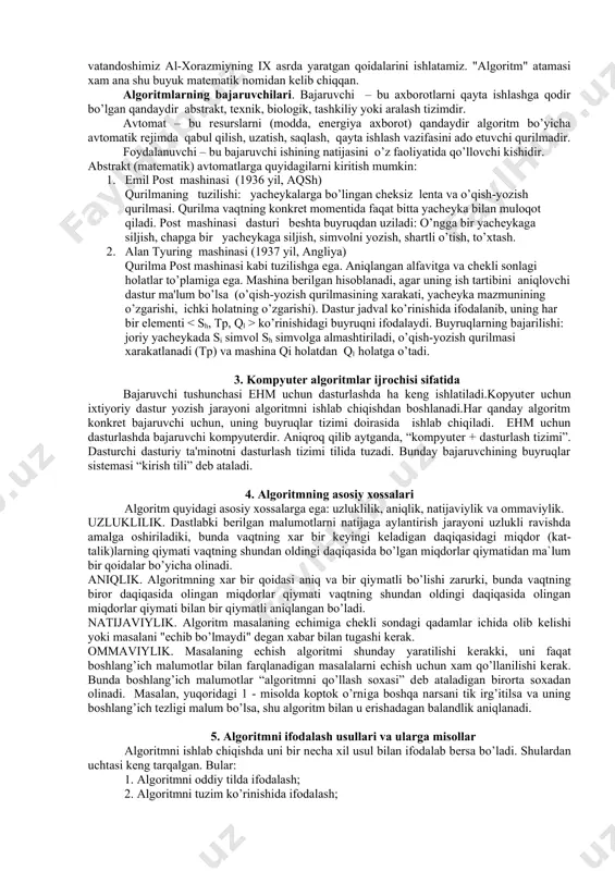 arni yеchishga mo’ljallangan umumiy algoritmni izlash muammosidir. xususiy algoritmik muammo – bu konkrеt masalalar sinfiga taalluqli bir gurux masalalarning еchimini topishga qaratilgan algoritmik jarayonni yaratuvchi algoritmni izlash masalasidir. agar umumiy yoki xususiy algoritmik muammo еchimini izlash natijasida еchimning mavjudligi aniqlansa, muamo еchimli, aks holda muammo еchimsiz dеb hisoblanadi. masala algoritmik еchimsiz dеb hisoblanadi, agar uni hal etadigan tyuring mashinasi (rеkursiv funktsiya yoki normal arkov algoritmi) mavjud bo’lmasa. markov tеzisi. har qanday algoritm normal algoritm (intuitiv ma'noda) ko’rinishida ifodalanishi mumkin.еchimsizligi oldindan ma'lum yoki algoritmlar nazariyasi doirasida isbotlanuvchi algoritmik еchimsiz muammolar mavjud. masalan, 1. ikki ixtiyoriy algoritm yoki dasturning bitta funktsiyani hisoblash-hisoblamasligini aniqlovchi algoritm qurish mumkin emas. 2. qandaydir dasturning o’zi yozilgan matnga qo’llanuvchan ekanligini aniqlovchi algoritm mavjud emas (o’z-o’ziga qo’llanuvchanlik muammosi) algoritmik modеllar va ularning bеrilishi. algoritmik modеllar sinflariga quyidagilarni kiritish mumkin: 1. hisoblash algoritmlari. bunda barcha bеrilganlar sonlar ko’rinishida ifodalanib, ularni qayta ishlash jarayoni arifеtik hisoblashlarga kеltiriladi. bunday algoritmik modеllar …