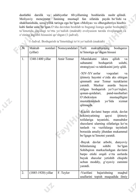 bo‘ldi. menejment sohasida birinchi tadqiqotlar sinfiy maktablar tomonidan amalga oshirilgan. birinchi menejerlarni asosan ishlab chiqarish (texnik yondashuv) masalalari tashvishga solgan. ular o‘z faoliyatlarini ishchilarni moslash masalalariga qaratganlar. bu maqsadlar uchun ish joyi dizayni ishlab chiqilgan. turli operatsiyalarga ish vaqti o‘rganilgan va hokazo. o‘sha davrning ko‘pchilik tadqiqotchilari menejment bu san’at deb tasavvur qilgan. menejmentni bunday tushunishning sababi hamma xodimlar ham o‘z o‘lchovlari bo‘yicha rahbarlik lavozimiga to‘g‘ri kelmasligidir. 20 asr oxiri 21 asr boshlarida menejment o‘zbekistonda maxsus fan sifatida oliy o‘quv yurtlarida o‘qitila boshladi, menejmentga doir tadqiqotlar yo‘lga qo‘yildi, darsliklar yozildi. jahon tarixida moliyaviy menejmentning mustaqil fan sifatida shakllanishi yaqin utmishga borib taqaladi. yukorida takidlaganimizdek 20 asrning ikkinchi yarmiga kelib bozor iqtisodiyoti rivojlangan davlatlarda turli mulkchilik shakllarining paydo bo‘lishi, iqtisodiyotni bozor qonuniyatlariga asoslangan holda boshqarish tizimining takomillashuvi, biznesning turlari va zamonaviy yo‘nalishlarini vujudga kelishi hamda ular faoliyatlarini samarali amalga oshirishda oqilona boshqaruv qarorlarini qabul qilish, ishlab chiqarish, xizmat ko‘rsatish sohalarida moliyaviy resurslarning …