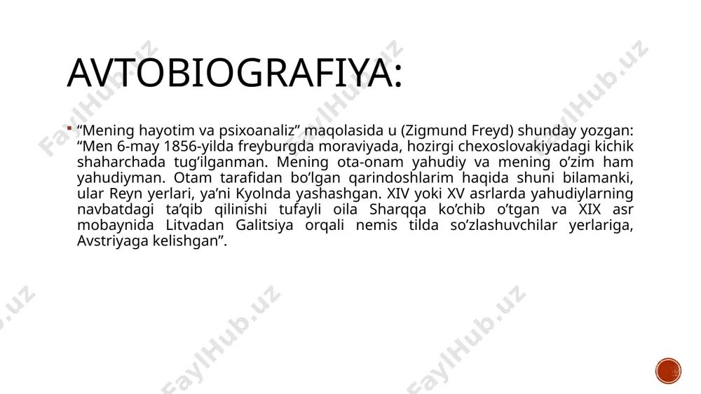 am ishlab turishini kashf etgan. 3. inson ruhiy kechinmalari transferi (bir odamdan boshqa odamga “ko’chib o’tishi”) ning muhim tibbiy ahamiyatini ko’rsatib bergan, shuningdek, terapevtik davolashning erkin muloqot va tushlarga asoslangan usullarini joriy etgani ayniqsa mashhur. image4.png image3.png image2.png /docprops/thumbnail.jpeg