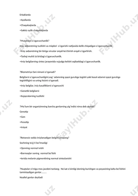 kki juft alternativ belgilar bilan farqlanuvchi =belgini bir xil holatini kodlaydigan genlarga ega bo’lgan; =gomozigot; ?qaysi organizmlar chatishtirilganda f1 da fenotip buyicha 1:1 nistabli belgilar kuzatiladi? aa x aa =aa x aa. =aa x aa =aa x aa ?ota-onalar aabb x aabb genotiplarga ega bo’lgan organizmlar o’zaro chatishtirilganda nisbat qanday bo’ladi 9:3:3:1 =1:4:6:4:1 =15:1 =12:3:1 ?odamlarda kipriklarni uzun bo’lishi dominant genga bog’liq, kalta bo’lishi retsessiv genga bog’liq. uzun kiprikli ayol bilan kalta kiprikli erkak turmushidan 9ta farzand tug’ildi deb faraz qilaylik. ularning 4tasi uzun kiprikli, 5tasi kalta kiprikli bo’lsa ota-ona genotipi qanday bo’ladi. aa x aa; =aa x aa ; =aa x aa =aa x aa. ?genning bir paytda bir necha belgini yuzaga chiqarishi qanday nomlanadi? pleyotropiya; =penetrantlik; =polimeriya; =komplementarlik. ?terida melaninning miqdori qaysi genlar ta’sirida yuzaga chiqadi: polimer; =komplementar; =epistaz; =ko’p allel. ?ota-onalar aabb x aabb genotiplarga ega kummulyativ polemeriya tufayli belgilar quyidagi nisbatda ajraladi: 15:1 =9:3:3:1 =1:4:6:4:1 =12:3:1 …