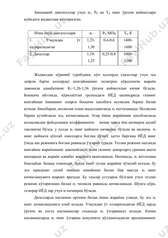 р юз бериши (иёд қизиб кетиши, детонағияни юзага келиши, ишлатилган газларни чиқариш системасининг деталлари шикастланиши, деталлар мойланишининг бузилиши, поршен ҳалқалари ётиб қолиши (залегания ва ҳоказолар) мумкин. а д а б и ё т л а р 1. қодиров с.м., никитин с.е. «автомобил ва трактор двигателлари». - тошкент: 1992. 2. автомобильные двигатели. м.с.ховах тахрири остида. - москва: 1977. 3. двигатели внутреннего сгорания. теория рабочих процессов. в.н.луканин тахрири остида. - москва: 1995. 4. двигатели внутреннего сгорания. теория поршневых и комбинированных двигателей. а.с.орлин ва м.г.круглов тахрири остида. - москва: 1983. 5. ховах м.с., маслов д.с. «автомобил двигателлари». - тошкент: 1977. 6. двигатели внутреннего сгорания в3 кн.кн.1. теория рабочих процессов: учеб: /в.н.луканин и др. –м.: высшая школа, 1995. – 368с. 7. двигатели внутреннего сгорания в3 кн.кн.2. динамика и конструирование: учеб: /в.н.луканин и др. –м.: высшая школа, 1995. – 319с. 8. двигатели внутреннего сгорания в3 кн.кн.3. компьютерный практикум: учеб: /в.н.луканин и др. –м.: высшая школа, …