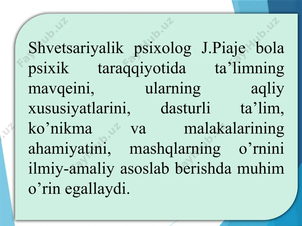 eng taraqqiy etgan bo'lib, kishilar ruhiyatiga tijorat ta'sirini psixologik shart-sharoitini, xaridorlarga xizmat ko'rsatishning psixologik omillarini aniqlaydi. modalar psixologiyasini tadqiq qiladi. san'at asarlarining yaratilishida faoliyat-ning psixologik tomonlarini, inson tomonidan badiiy asarlarni idrok etilishi, turli hodisalarni paydo bo'lishi va estetik tarbiya muammolari, musiqaviy, badiiy, adabiy qobiliyatlarni shakllantirish va tarbiyalash muammolarini o'rganadi. 15 rivojlanishning yosh xususiyatlarini o'rganuvchi sohalar. a) yosh psixologiyasi - inson shaxsining psixologik xususiyatlari va bilish jarayonlarining ontogenezda rivojlanishini o'rganadi. yosh psixologiyasi bolalar psixologiyasi, o'smirlar psixologiyasi, kattalar psixologiyasi, gerontopsixologiya kabi tarmoqlarga bo'linadi. b) patopsixologiya - miya faoliyati buzilishlari natijasida kelib chiqadigan turli shakldagi ruhiy rivojlanishdan chetlanishni o'rganadi. 16 17 oligofrenopsixologiya miyaning tug'ma kamchiliklari tufayli paydo bo'ladigan bo'limlarni o'rganadi. surdopsixologiya eshitish faoliyatida jiddiy nuqsonlari bo'lgan bolalarning rivojlanishini o'rganadi tiflopsi-xologiya ko'rish qobiliyati past yoki umuman ko'rmaydigan kishi faoliyatini o'rganadi inson va jamiyat o'rtasidagi munosabatlarning psixologik tomonlarini o'rganuvchi psixologiya sohalari ijtimoiy psixologiya differentsial psixologiya shaxs shakllanishining individual psixologik yo'naltirilganligi kabi xususiyatlarni o'rganadi uyushgan va …