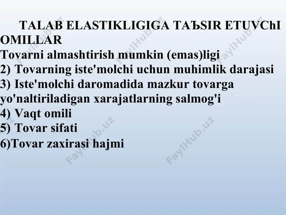lab) hajmi mutlaqo o'zgarmaydi р р0 р0/2 тalab elastikligiga ko’ra sotuvchi daromadini maksimallashtirish р tr=p*q d 0 q0/2 q0 q 0 p0q0/4 tr bundan xulosa qilish mumkin: аgar tovarga nisbatan talab elastikligio’zgaruvchan ko’rsatkich bo’lsa, u holda past elastiklik uchastkalarida yalpi xarajatlar narxning o’sib boruvchi funksiyasi va yuqori elastiklik uchastkalarida qisqarib boruvchi funksiyasi bo’ladi. 4. narxga bog’liq taklif elastikligi q s  q s тaklifning narxga ko’ra elastiklik кoifsentini hisoblash formulosi : 2 1 q s es  1 p2  p1 p1 рq= a+bp s chiziqli taklifda narxga bog'liq elastiklik koeffitsiyenti hisoblash formulasi e  b p s q 0 q vaqt va taklif elastikligi (a) davrda ishlab chiqaruvchilarda ishlab chiqarish hajmini o'zgartirishga vaqt juda kam bo'ldi, shuning uchun taklif mutlaq noyelastik bo'ladi. (b) davrda ishlab chikaruvchilarda ishlab chikarish hajmini o'zgartirishga kam vaqt bo'ldi, shuning uchun taklif tamomila noyelastik bo'ladi (a) (c) davda barcha almashtirishni (o'zgartirishni) amalaga oshirish uchun muxlat …